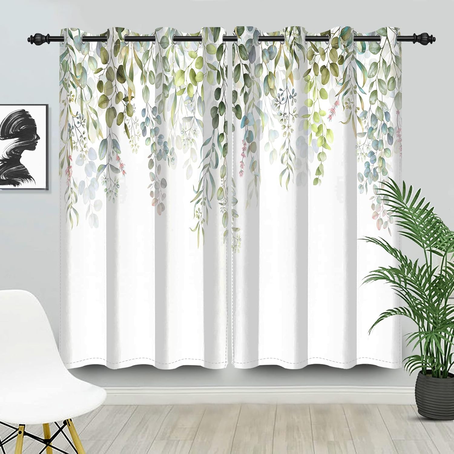 Renaiss Sage Leaves Decorative Window Curtains Botanical Floral Window Treatments Foliage Flowers Spring Season Blackout Drapes for Kitchen Bedroom Living Room Decoration 21x45 Inches x 2 Panels