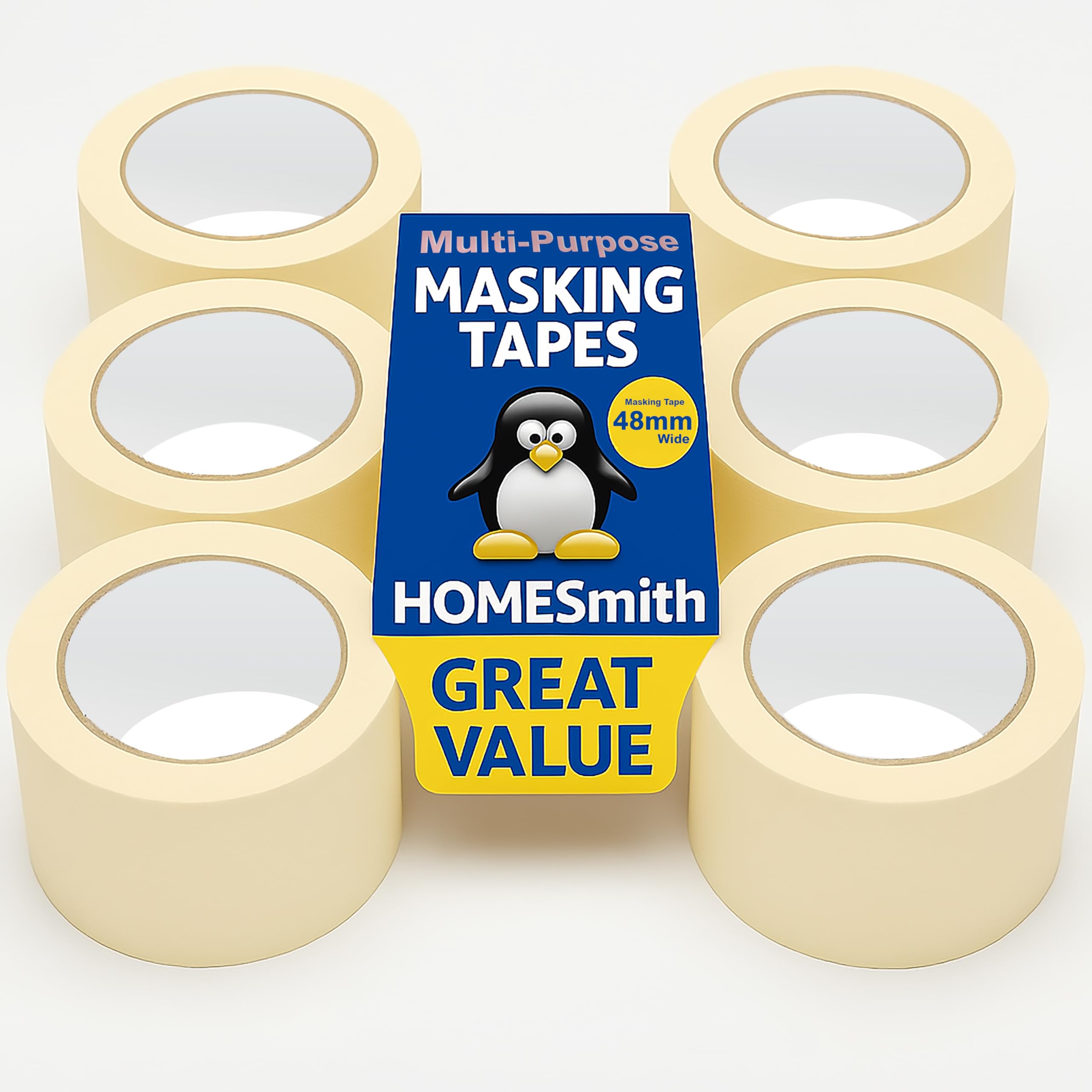 HOMESmith Masking Tape 48mm x 25m – 3 Rolls, Strong Adhesive, Easy Tear, Multipurpose Painter’s & Decorating Tape for Home, Office & DIY
