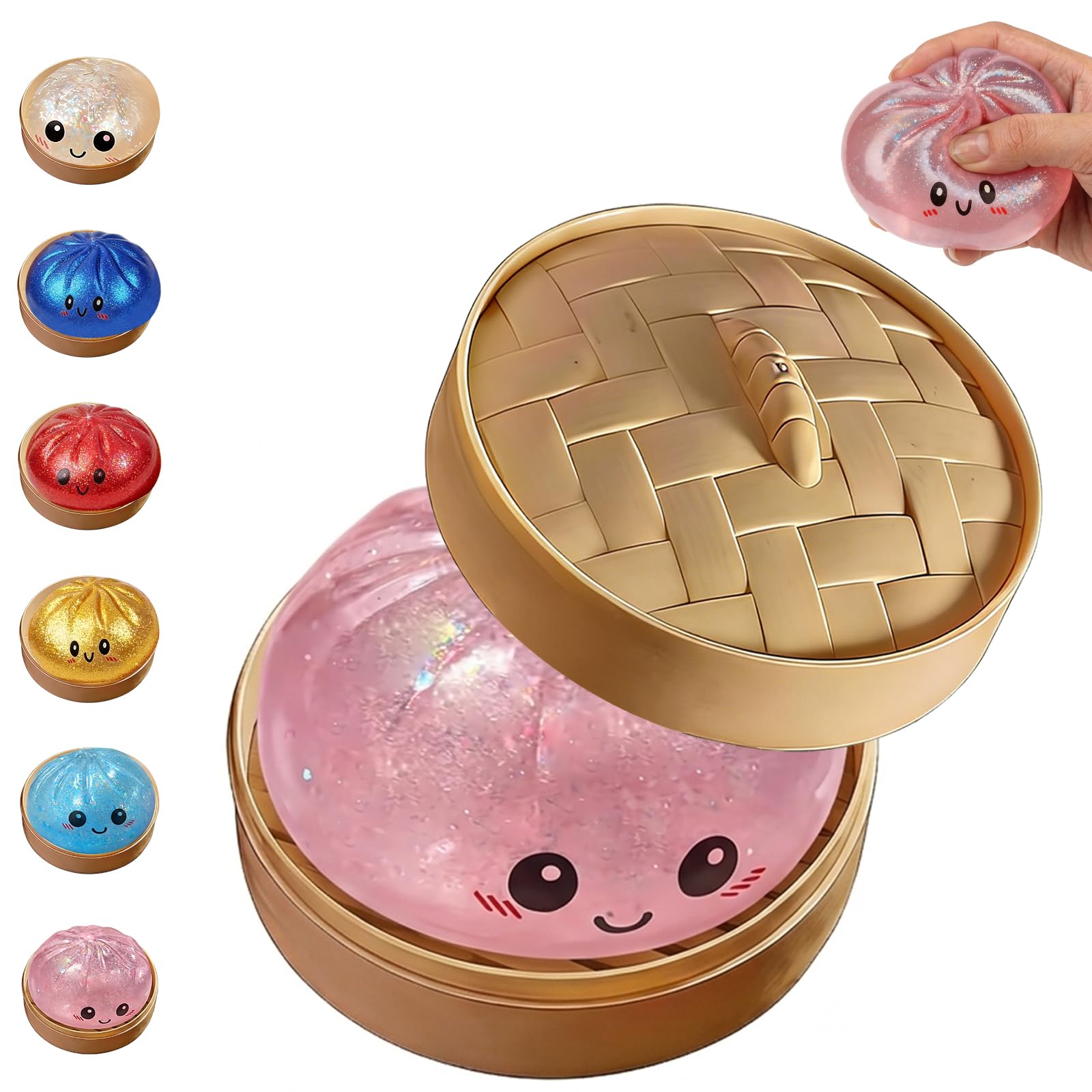 Photo 1 of Glitter Dumpling,Colorful Dumpling Squishes Stress Balls with Steamer,Glitter Dumplings Squishies Box,Soft Squeeze Decompression Dough for Anxiety Relief Easter Basket Stuffers (Light Pink)