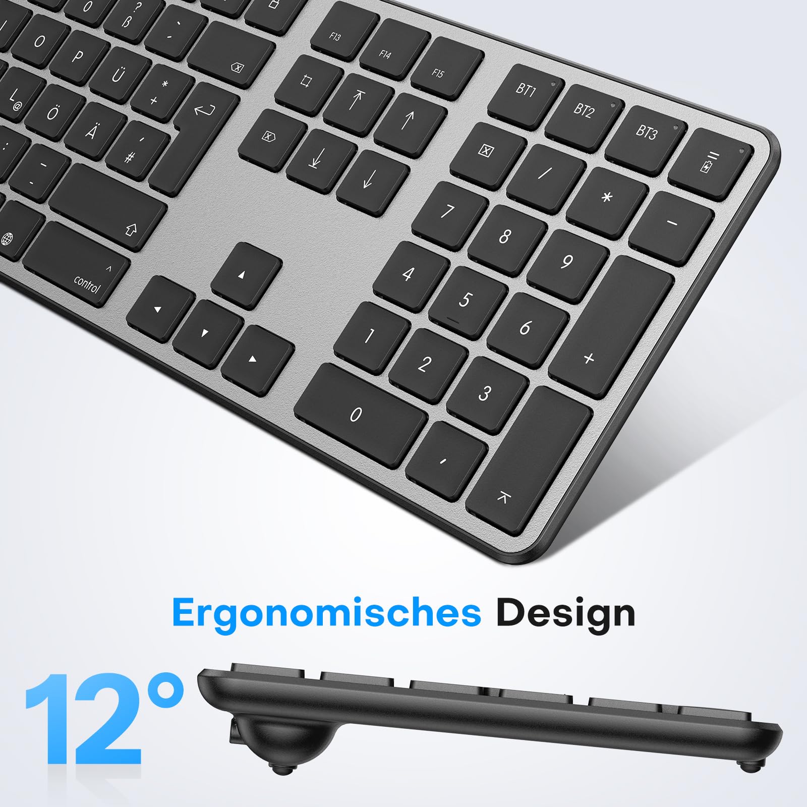 OMOTON Tastatur Maus Set Kabellose für MacBook Air/MacBook Pro/iMac/iMac Pro/Mac mini, Bluetooth Funktastatur QWERTZ mit Maus Wiederaufladbar, Multi-Gerät, Ergonomisch, Leises Tippen, DE Layout