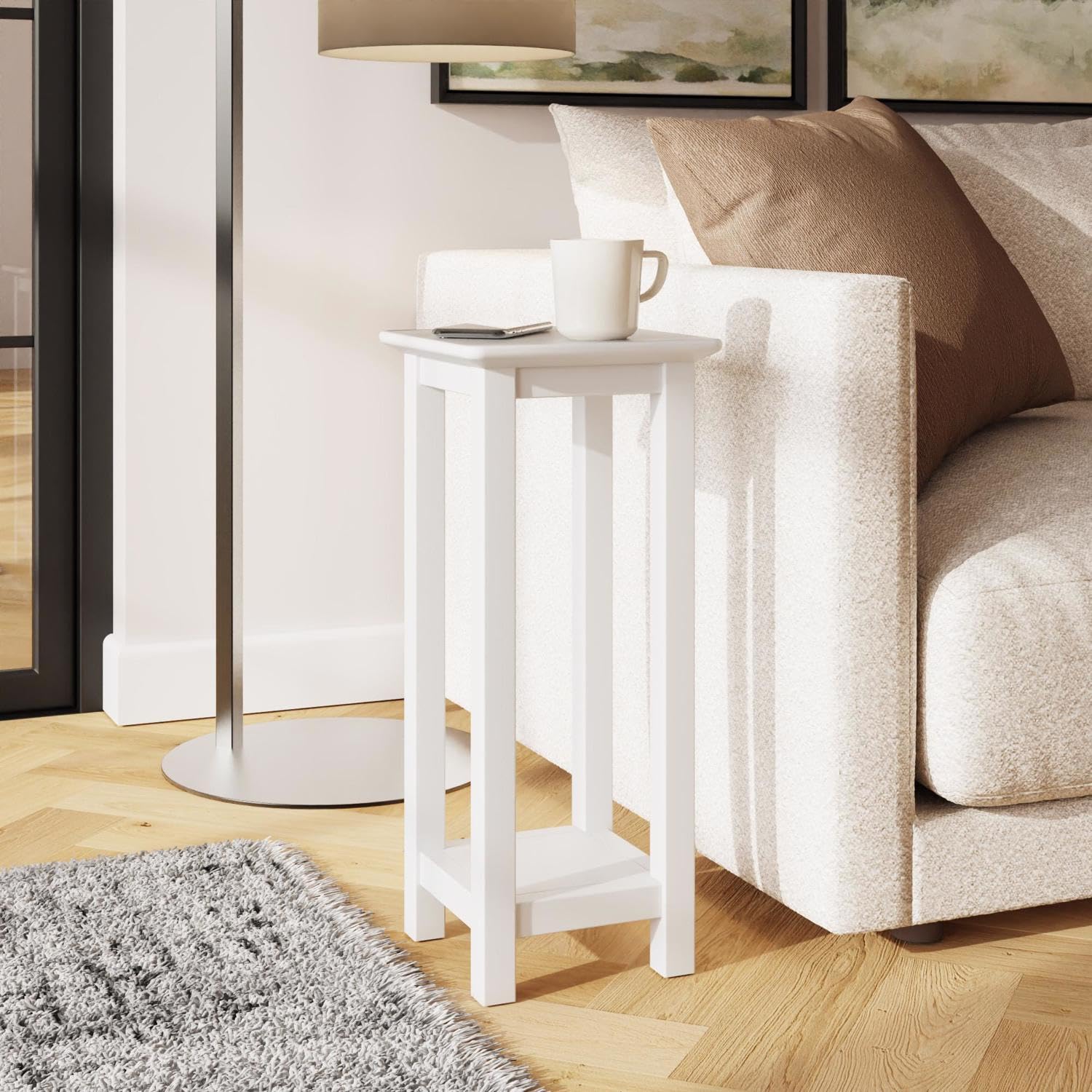 FWStyle Palma White Side Lamp Table with Shelf – Stylish, Space-Saving Storage for Living Room, Bedroom or Hallway