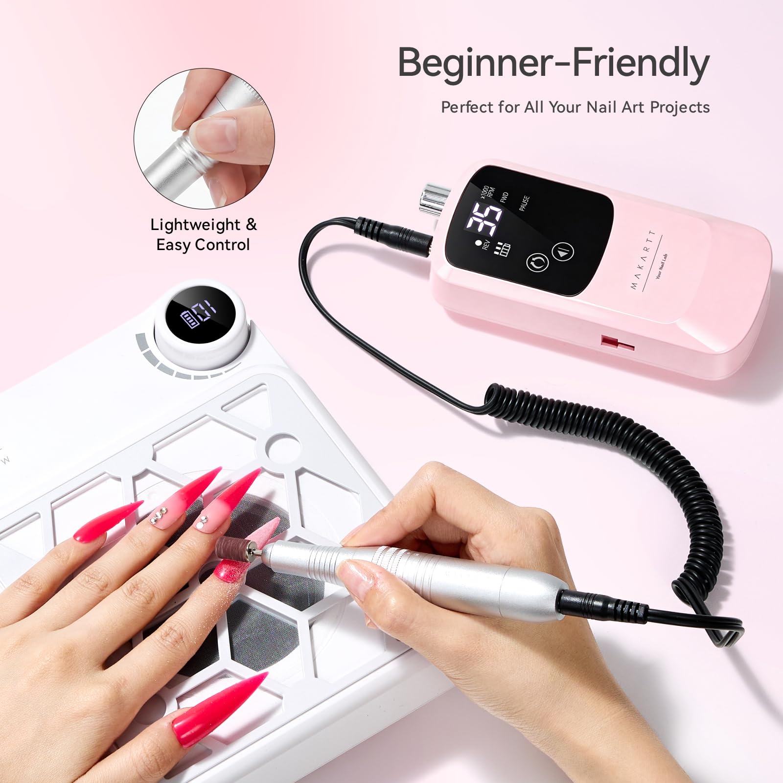 Makartt Nagelfräser – Wiederaufladbarer Professionell Fräser Nägel mit 35000 U/min, Elektrische Nagelfeile Set und E-Feile für Acryl- Tauchpulver- und Gel-Nagellack, Leise Leicht und Tragbar