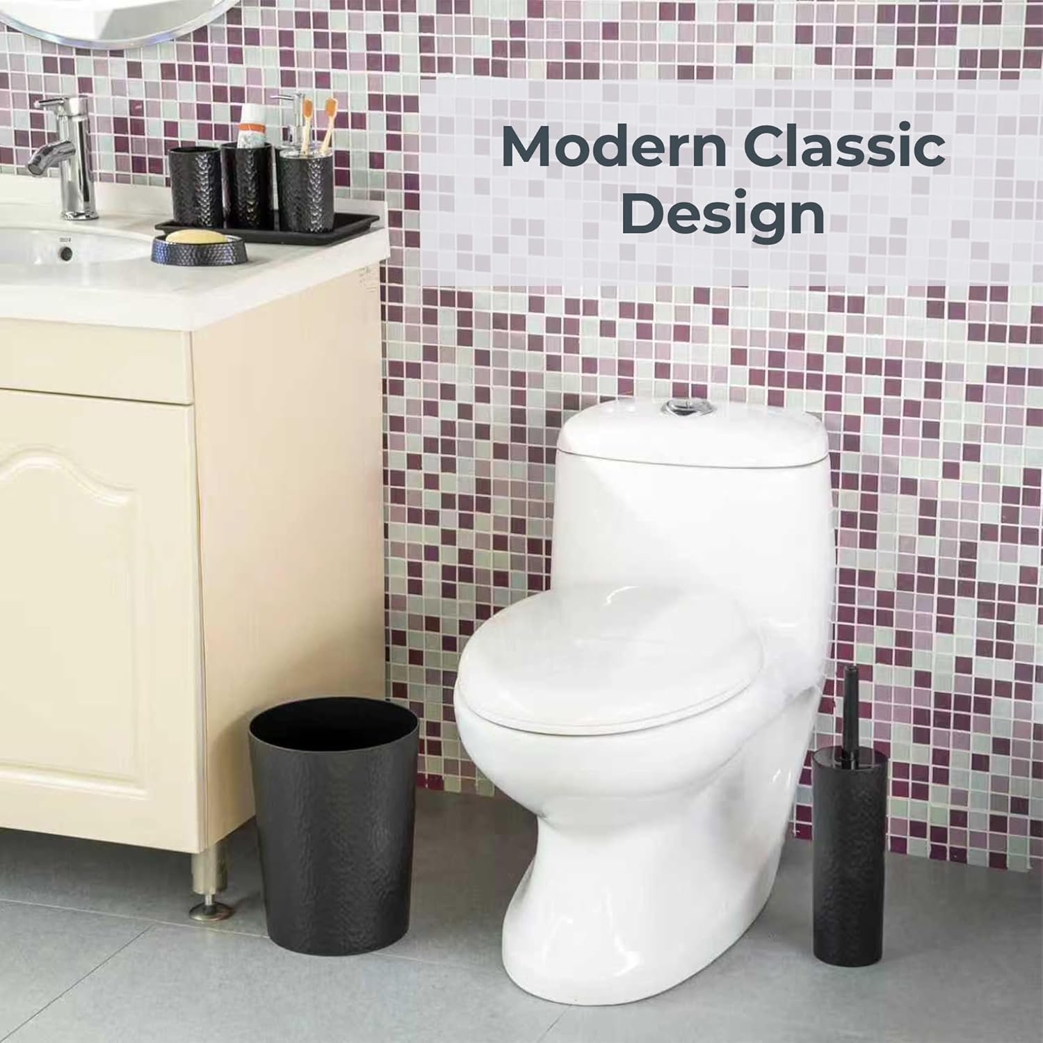 Rosewill Bathroom Accessories 8-Piece Set – Trash Can, Toilet Brush with Holder, Lotion Dispenser, Toothbrush Holder, 2 Toothbrush Cups, Soap Dish & Tray - Black