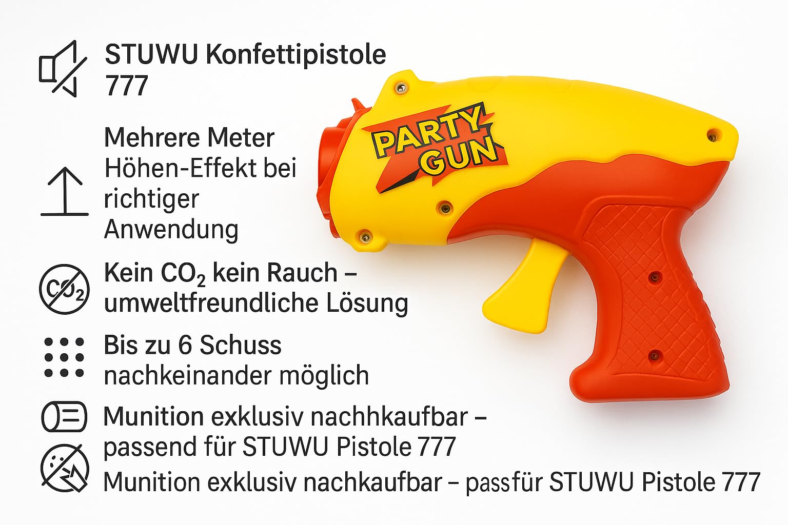 Lametta Konfettipistole 777 Starter-Kit – leise Federmechanik ohne Knall & Gestank, CO₂-frei – inkl. 24 Schuss Original-Munition – nachfüllbares Party-System