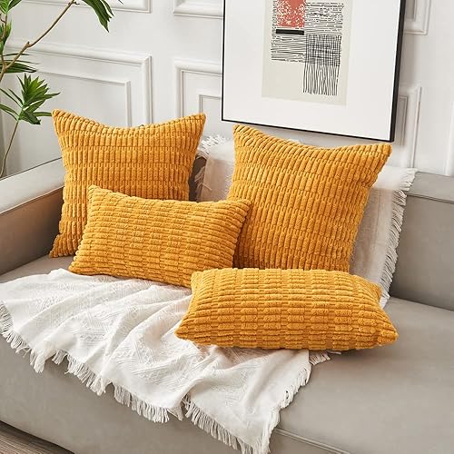 Miniatura 6 de Juego de 4 fundas de almohada decorativas con pompones de 20 x 20 pulgadas para sofá, cama, funda de cojín de pana a rayas para decoración de sala