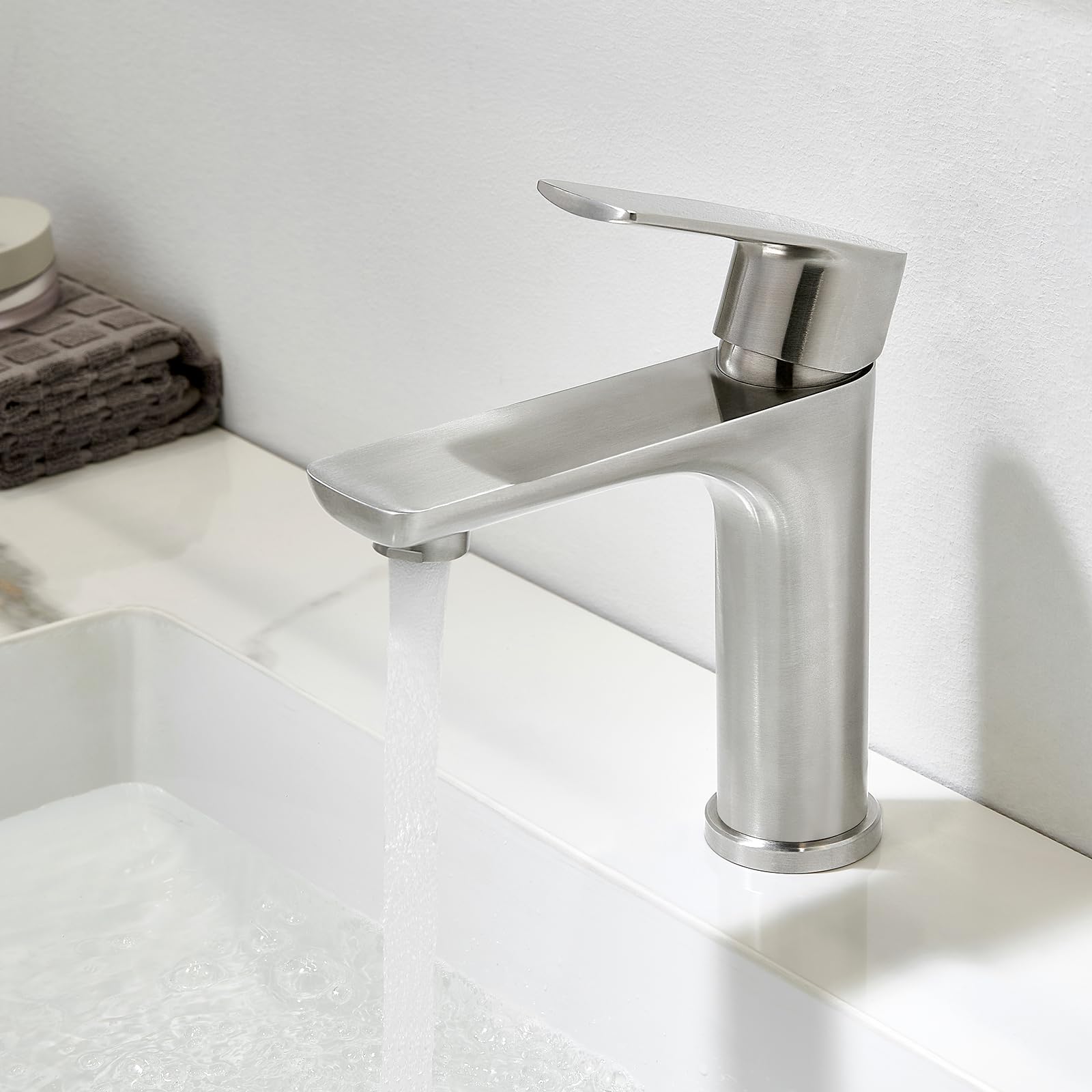 CREA Grifo de baño, grifo de lavabo con desagüe, grifo mezclador de ahorro de agua, grifo de alta presión para baño, grifo monomando de lavabo de acero inoxidable cepillado