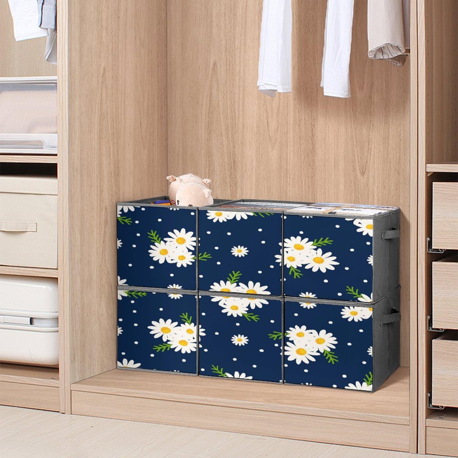 Cubi portaoggetti pieghevoli da 28 x 28 cm, con fiori bianchi, margherite, in tessuto, con manici, vestiti, coperte, giocattoli, organizer per casa e ufficio, confezione da 6