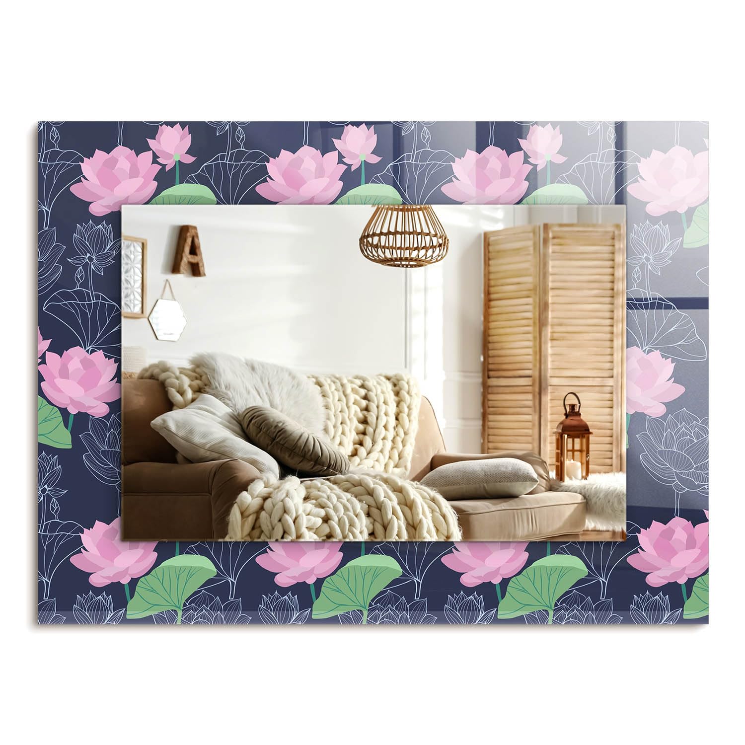 Miroir avec impression fleurs de lotus roses 80x60 cm rectangulaire sans cadre pour mur de salon