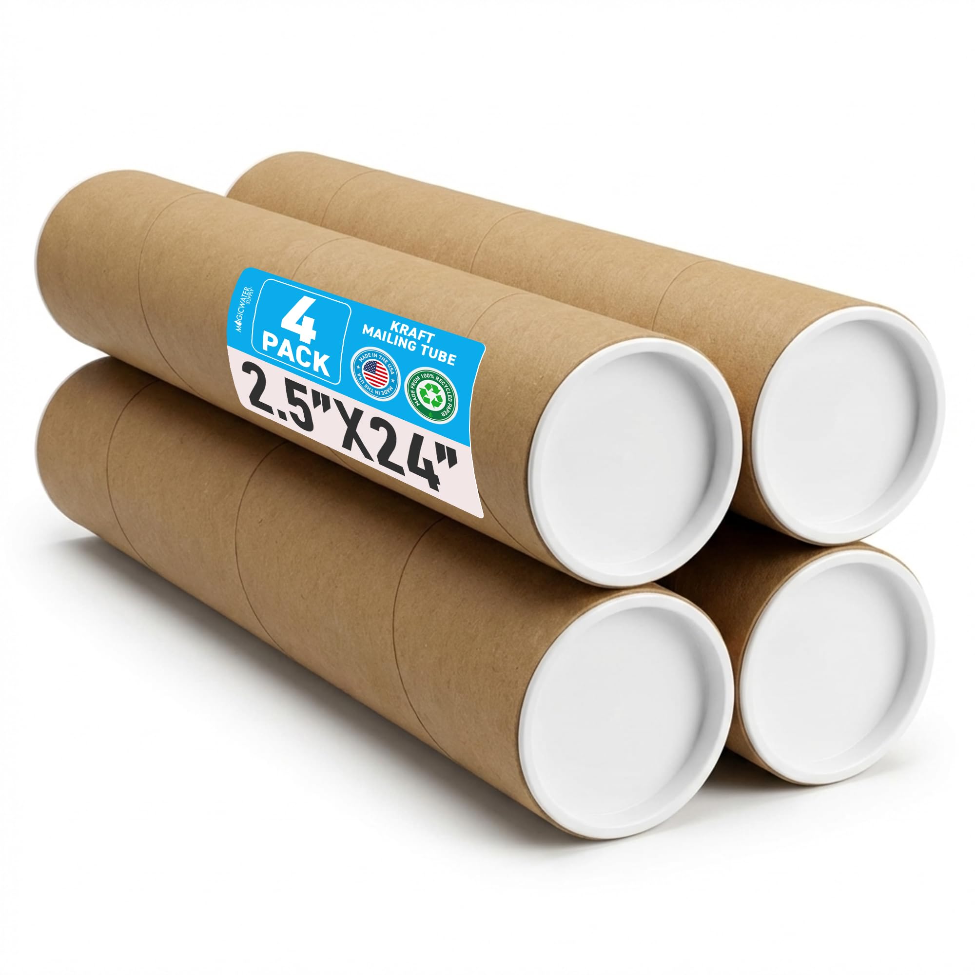MagicWater Supply 2.5 x 24 Inch Kraft Mailing Tubes with End Cap - 4 Pack