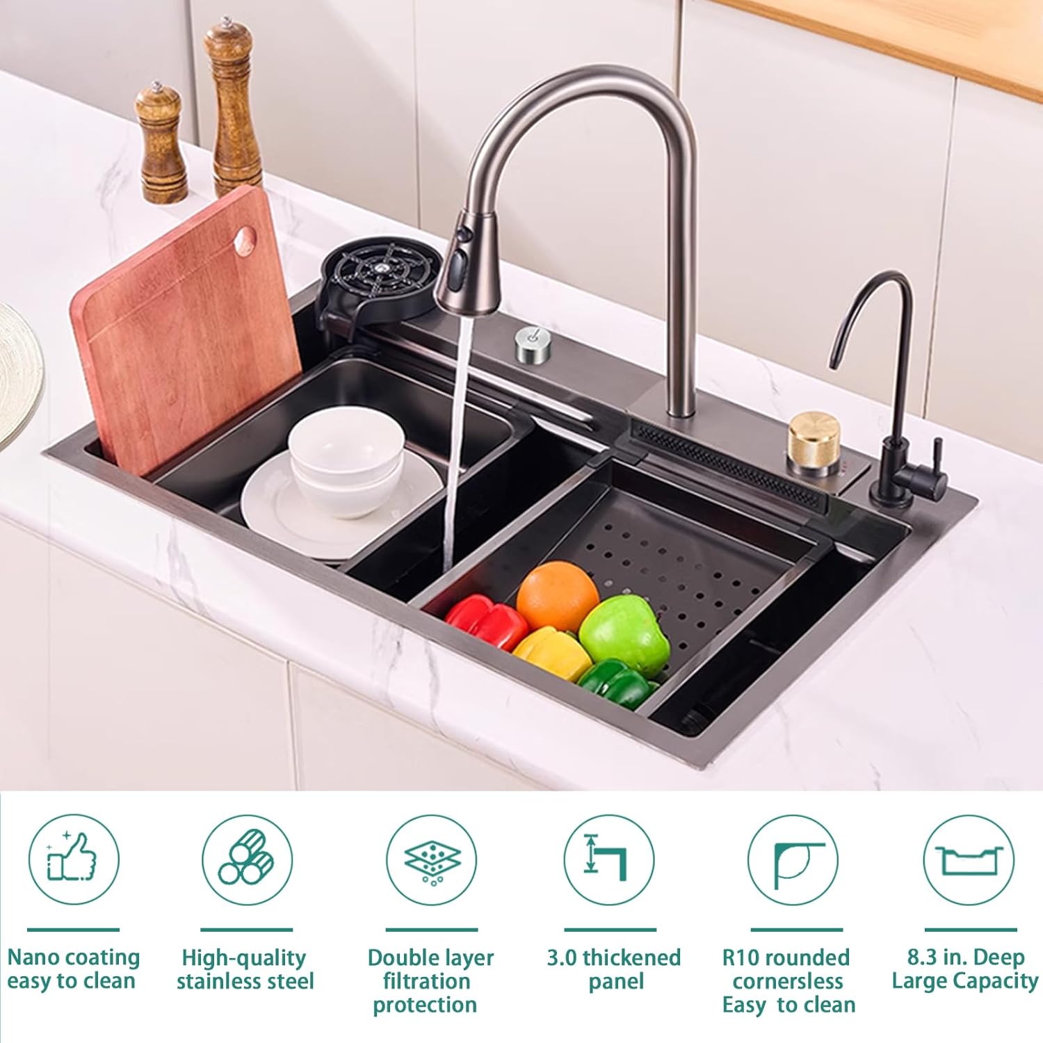 26.8-inch Black-Grey Waterfall Kitchen Sink 304 Stainless Steel Single Bowl Workstation Kitchen Sink with Waterfall Pull-out faucet and Sink Accessories Set