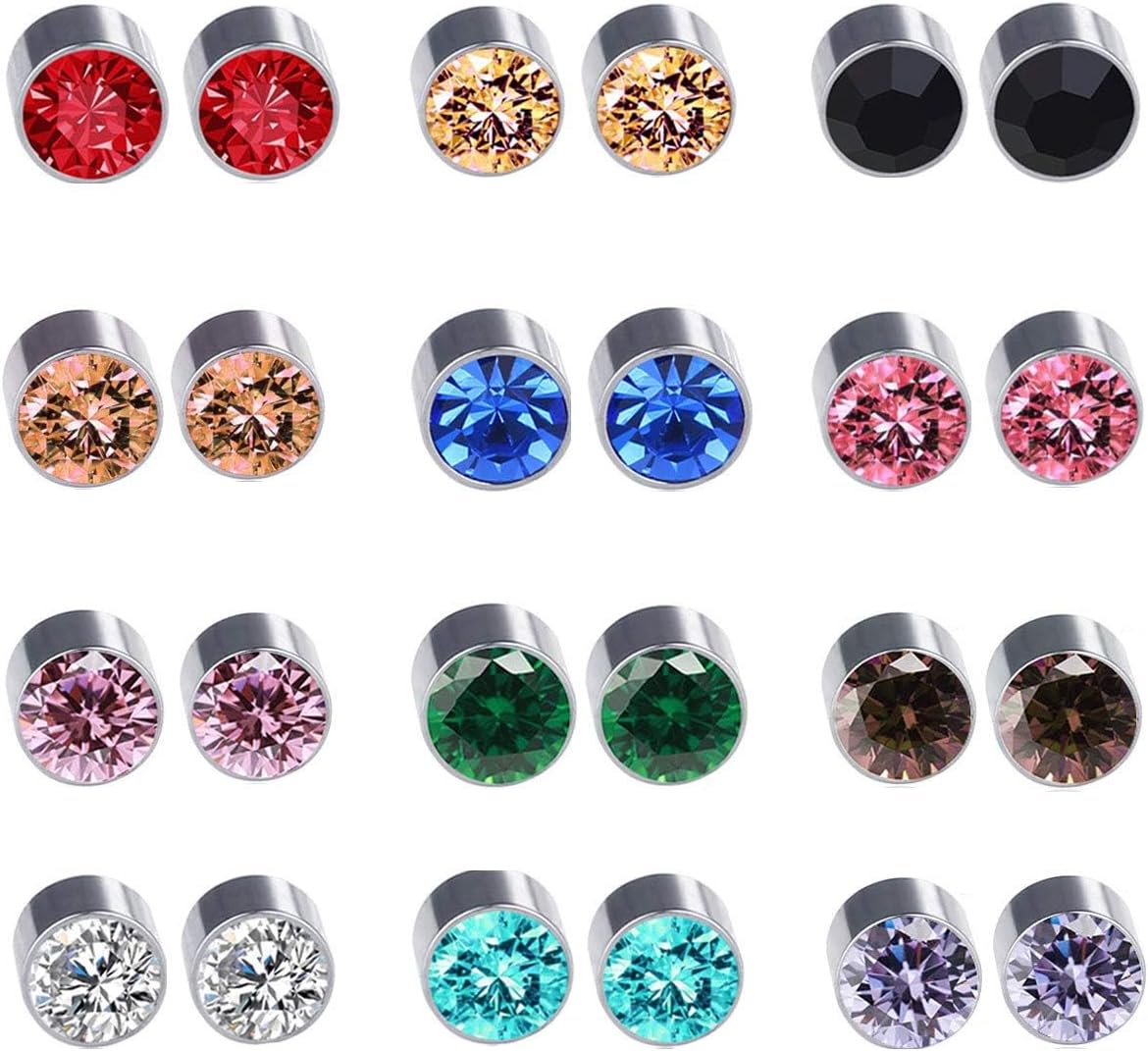 Spiritlele 12 Pairs Colors Round Rhinestone Magnetic Earrings Clip on Non Piercing Earrings Set for Women Girls 6MM