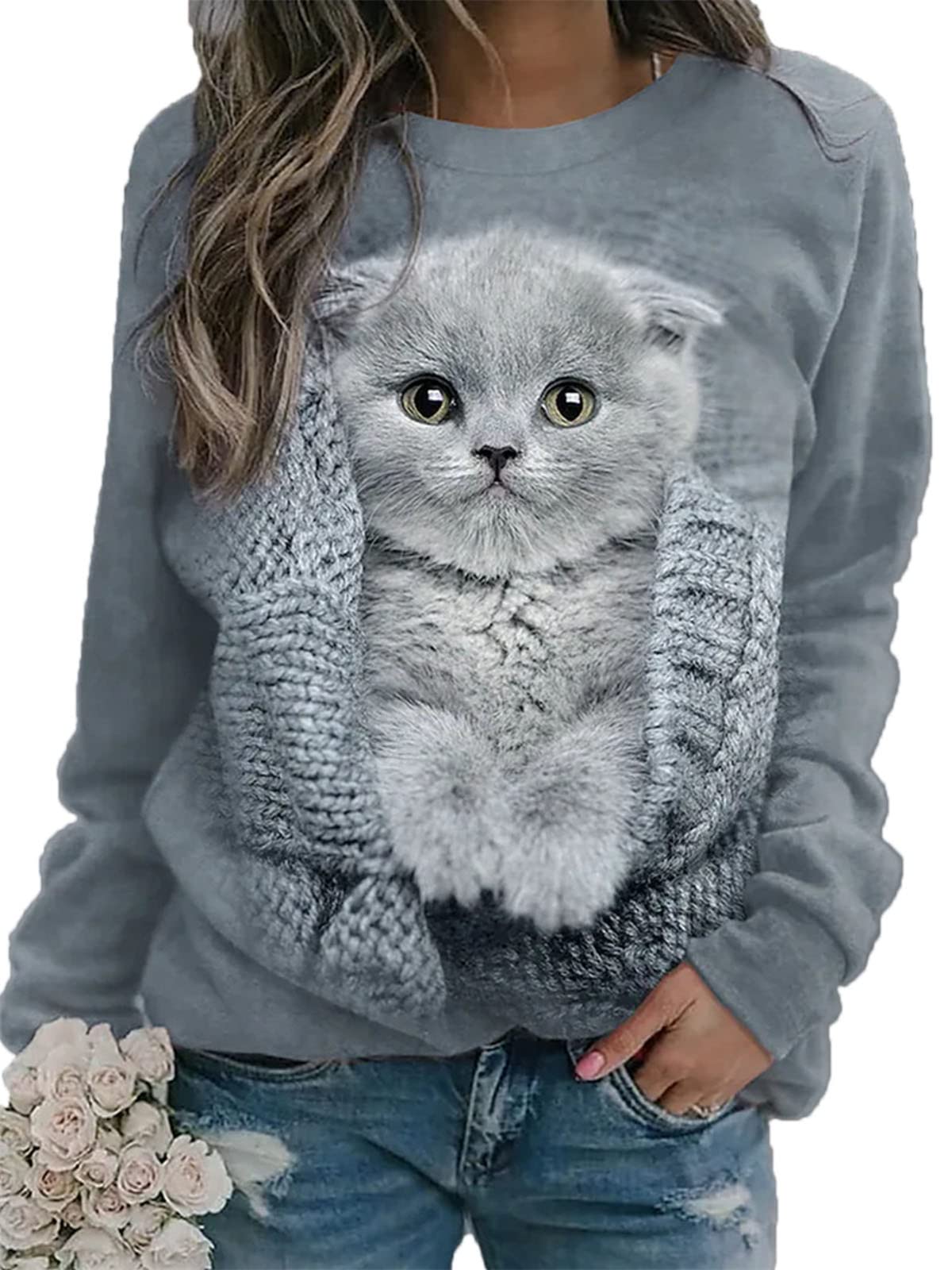 Womens Sweatshirt Cute 3D Animal Cat Print Jumper Cats Dogs Pattern Long Sleeve Pullover Casual Loose Tops