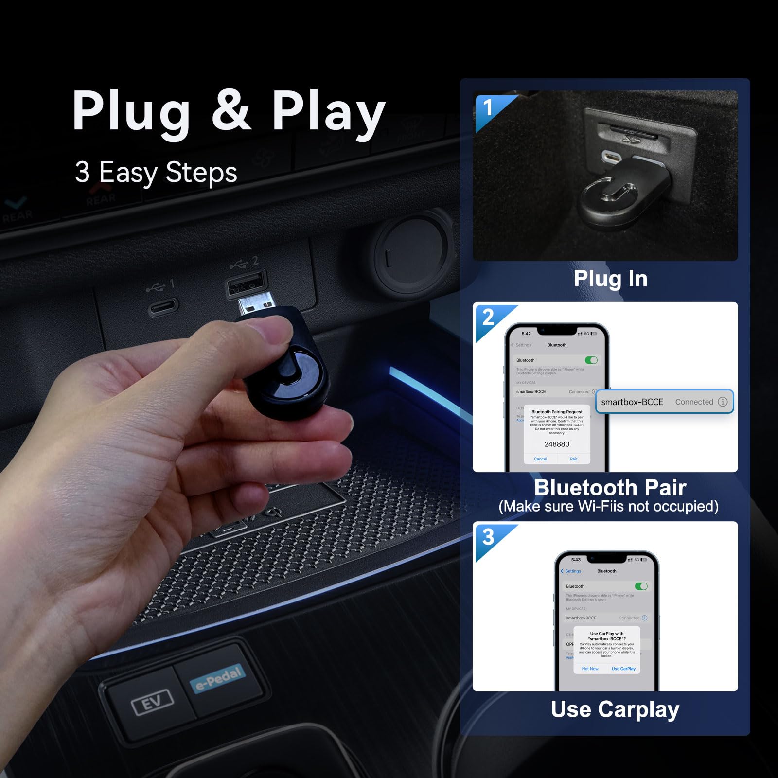Wireless CarPlay Adapter: Converts Wired to Wireless CarPlay, Plug & Play Dongle for Cars (2015+), Compatible with iPhone iOS 10+