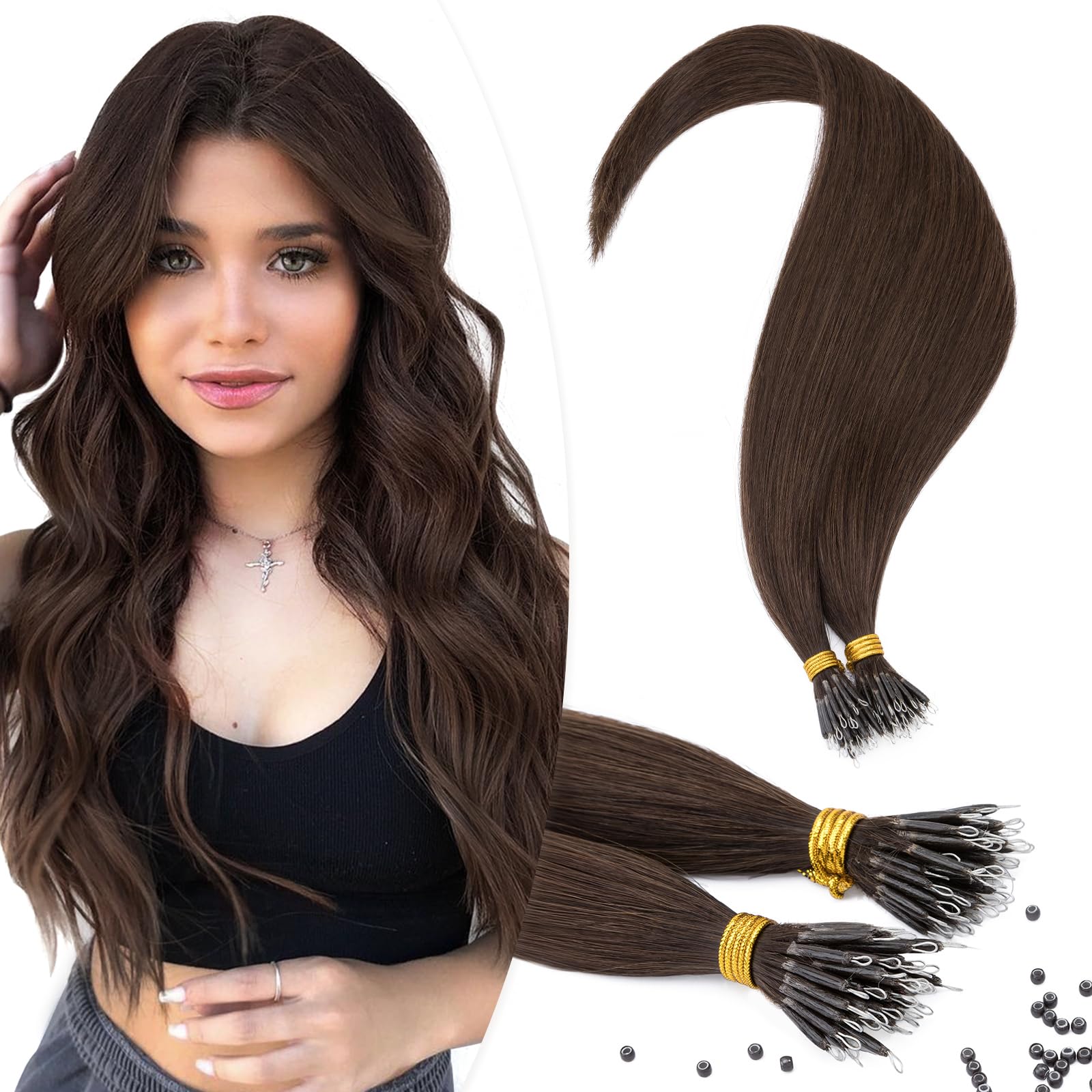 TESS Nano Beads Hair Extensions 100% SSS Grade Real Human Hair for Women UK #02 Dark Brown 14 Inch 35g (Nano Rings Tip Included)