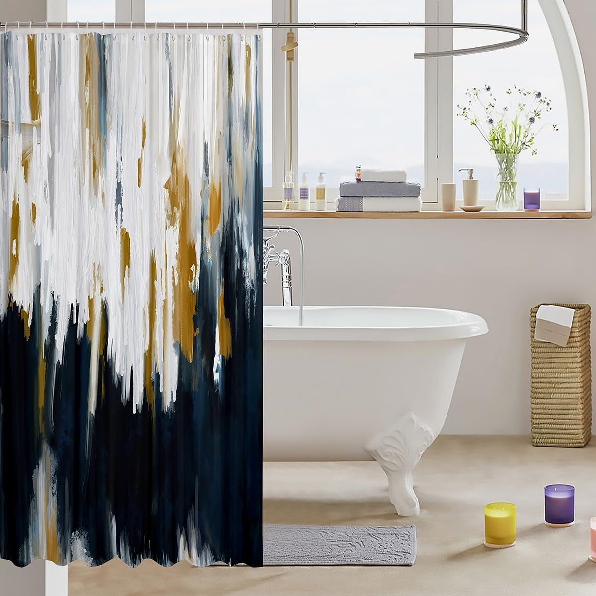 Gray Blue Bathroom Curtain Gradient Stripe Bath Curtain, Modern Oil Painting Graffiti Shower Curtain Watercolor Abstract Artwork Bathroom Curtain, Aesthetic Chic Vintage Bath Curtain Lightweight