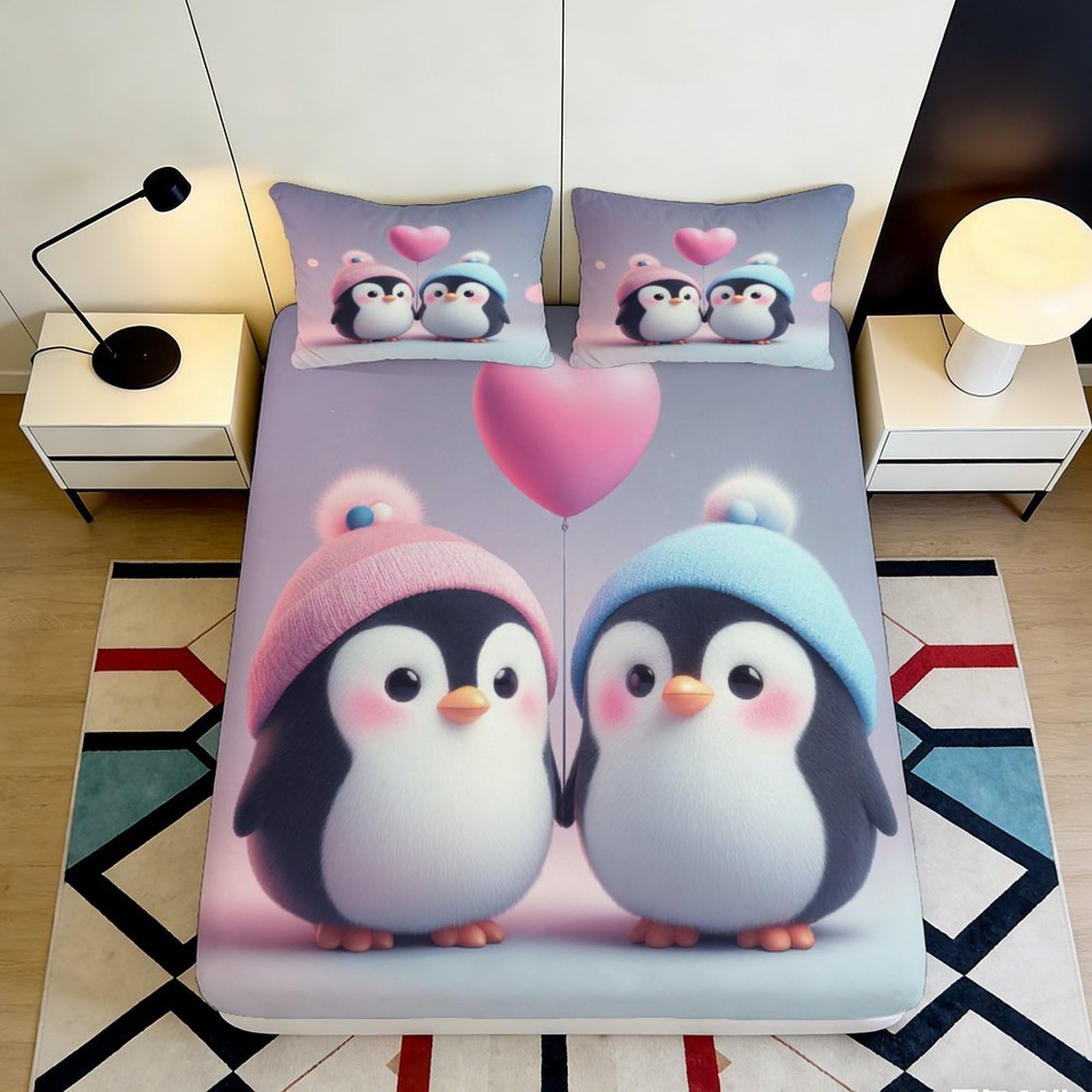 3D Printed Cute Penguin Fitted Sheet Microfiber Deep Pocket Non-Slip Home Bedding Penguin Mattress Fitted Cover Machine Washable for Adults Teens 200x200x25cm