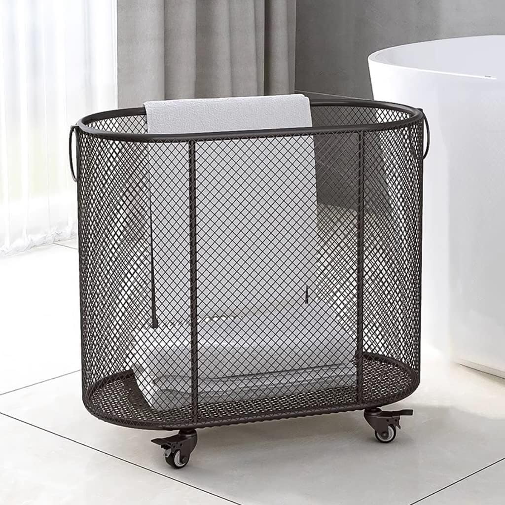 Grande cesto portabiancheria in metallo con ruote, carrello portabiancheria ovale stretto da 21,5"x11"x20,5", cesto portabiancheria in rete resistente for vestiti, asciugamani, contenitore for bagno e