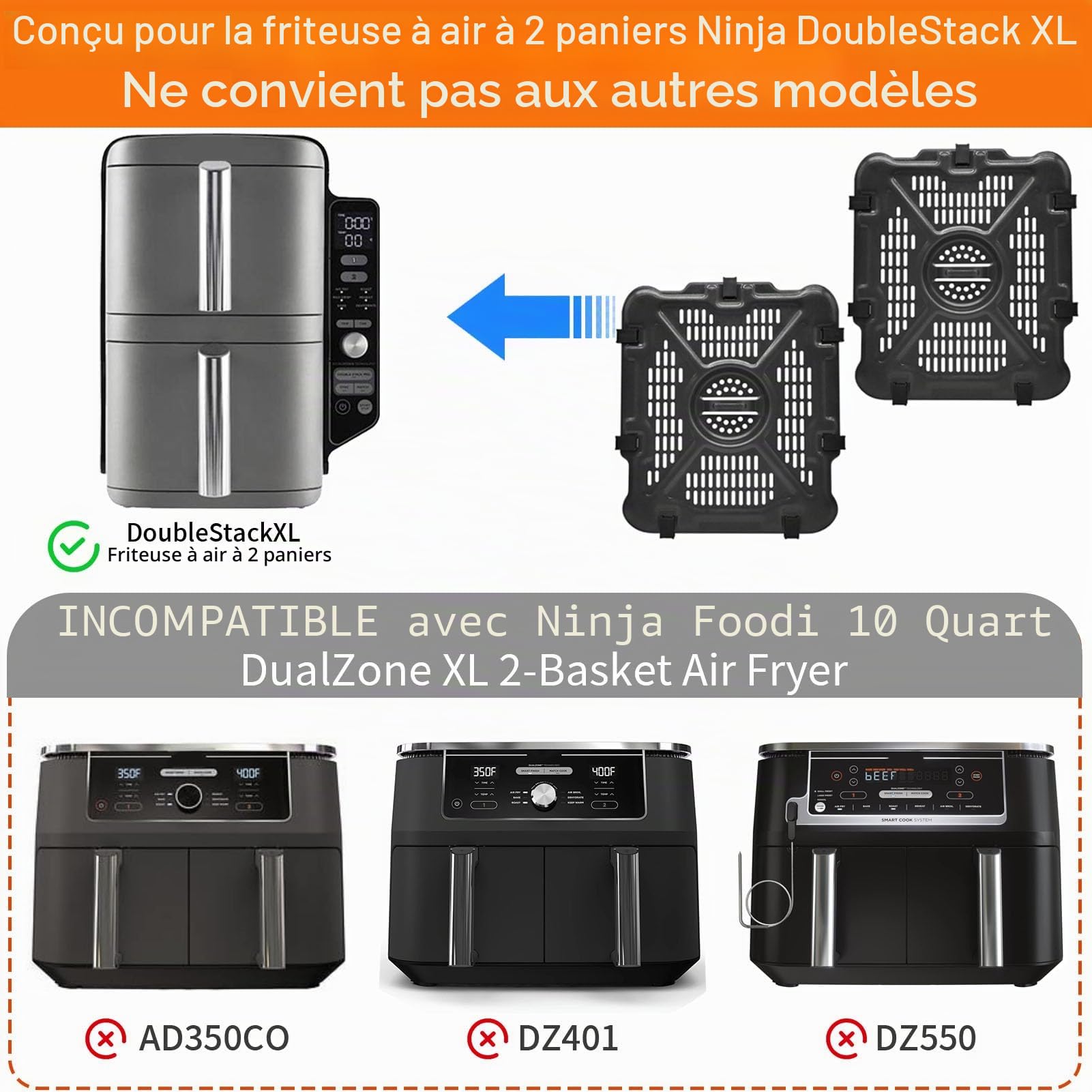 GCQ Air Fryer Grill Pan for Ninja SL400EU 9.5L Double Stack XL 2-Basket Air Fryer, 2 Packs Replacement Air Fryer Crisper Plate Grill Plate Accessories with Rubber Bumpers
