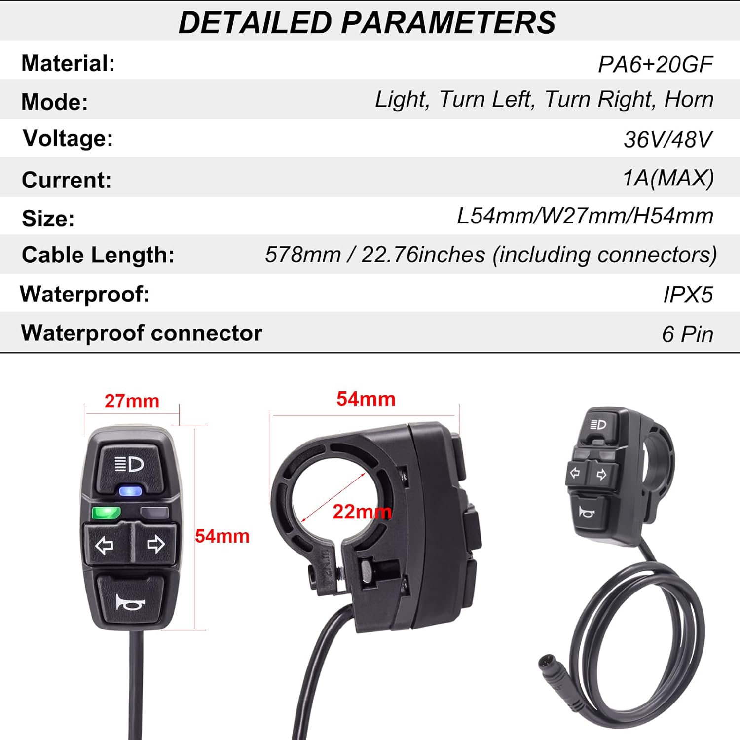 Waterproof Connector EBike Light Kit with Turn Signal Tail Light, Electric Bike Headlight 36V 48V, Switch and 1T3 Connecting Cable, Front Light with Horn