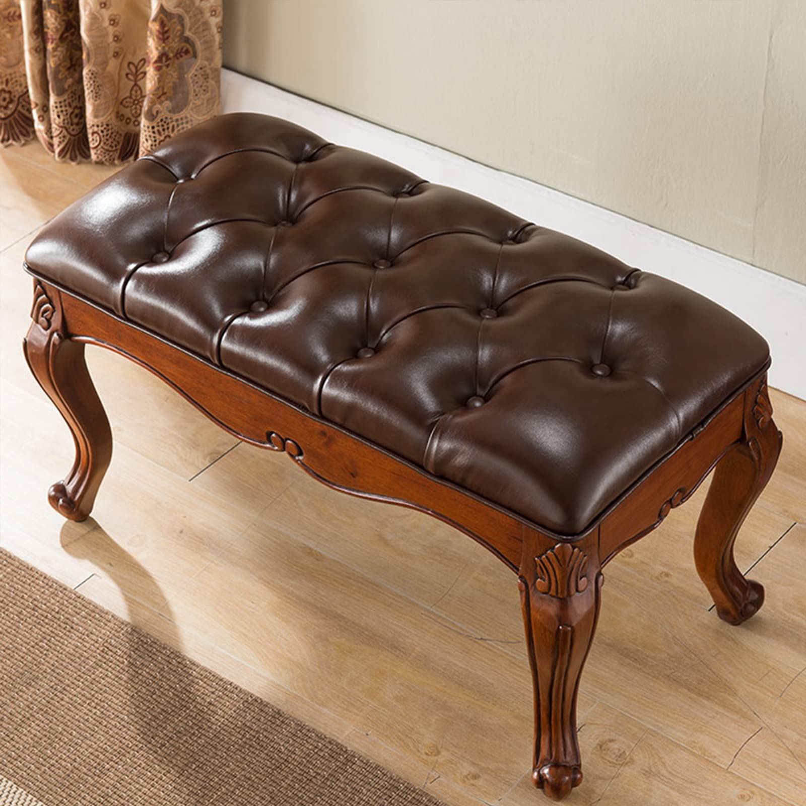 Banc ottoman vintage en bois massif pour organiser votre entrée et vous chausser