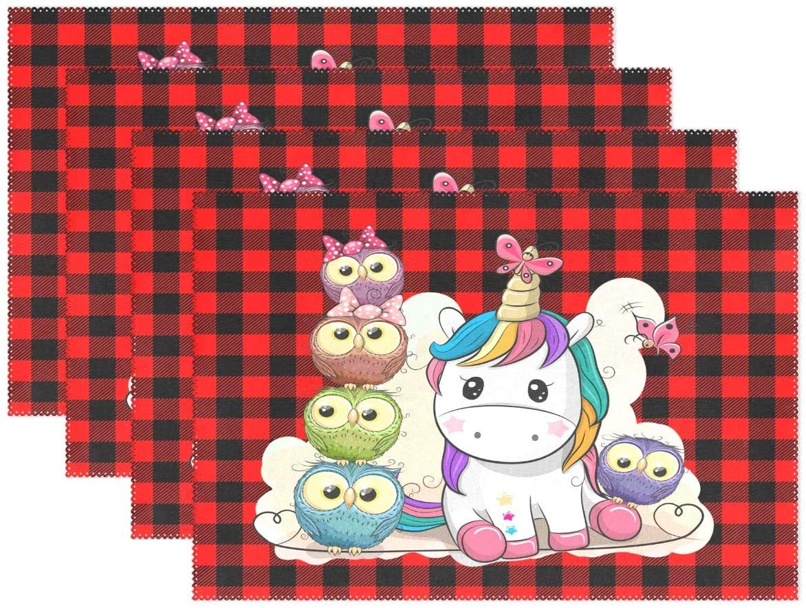 KANGRINBOQE Placemat Table Mat Desktop Decoration Unicorn Funny Owl Black Red Stripes Placemats Set of 4 Non Slip Stain Heat Resistant for Dining Home Kitchen Indoor 12x18 in-Multicolor-4