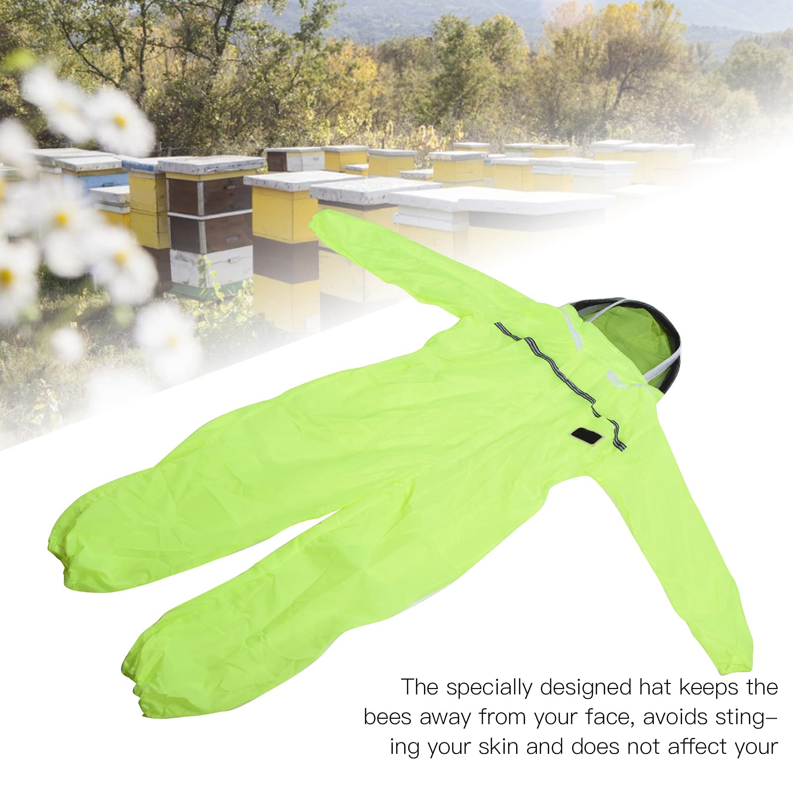 Traje de apicultura, mono de apicultor de una pieza verde fluorescente con cremallera frontal para protección contra picaduras de colmenar