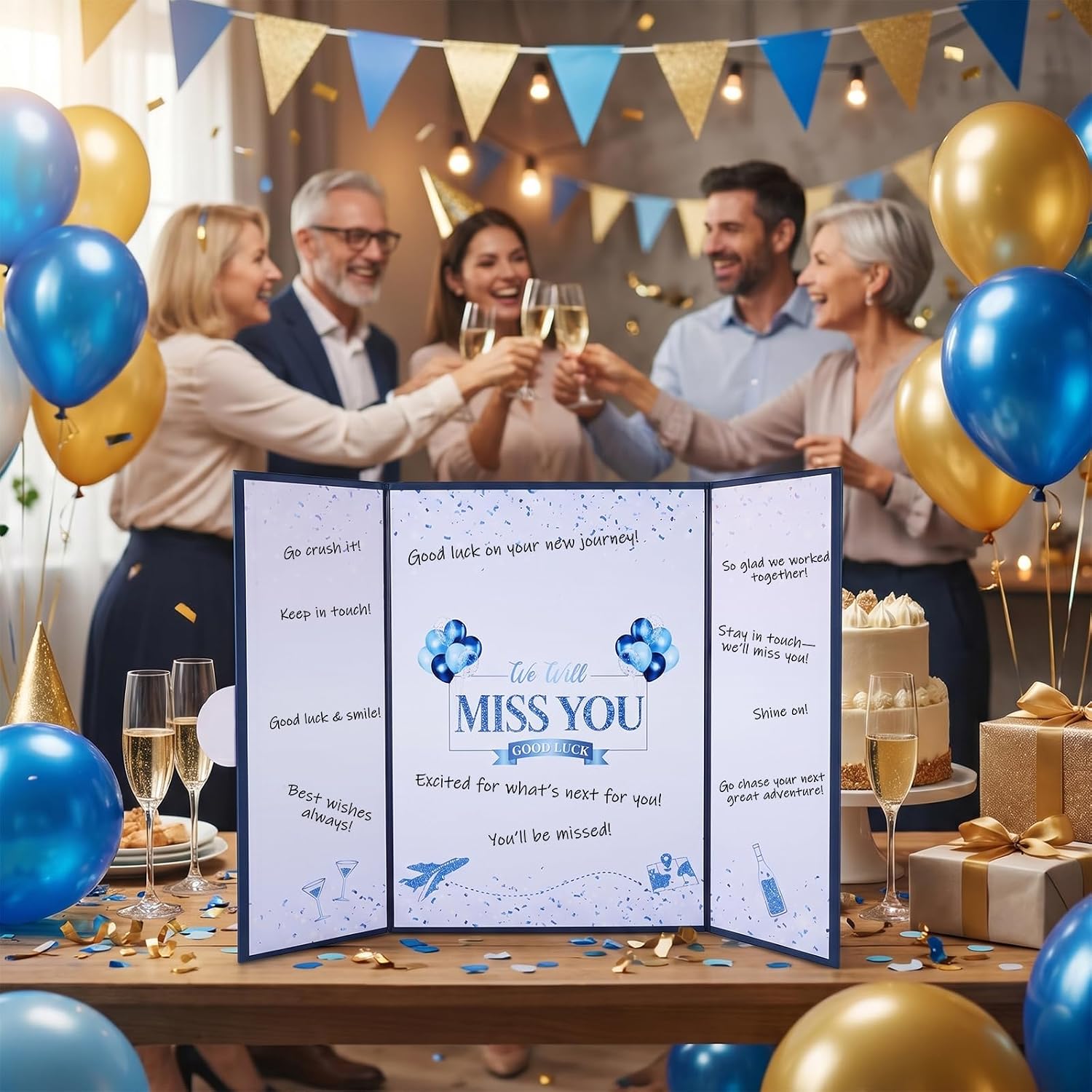 WSICSE Farewell Guest Book, Navy Blue Signature Card, 16.7 x 11.8 In | Sturdy Cardstock, Smooth Writing Surface, Fold-Out Design, Ideal For Retirement, Graduation, And Going-Away Parties