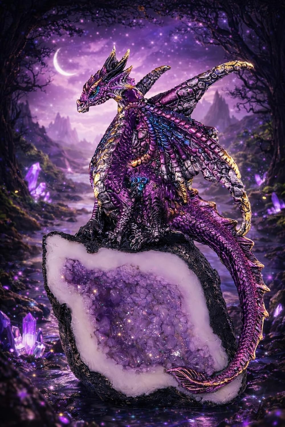 ICE Armor 5.5" H Purple Dragon Guarding Faux Crystal Cave Statue Fantasy Decoration Figurine