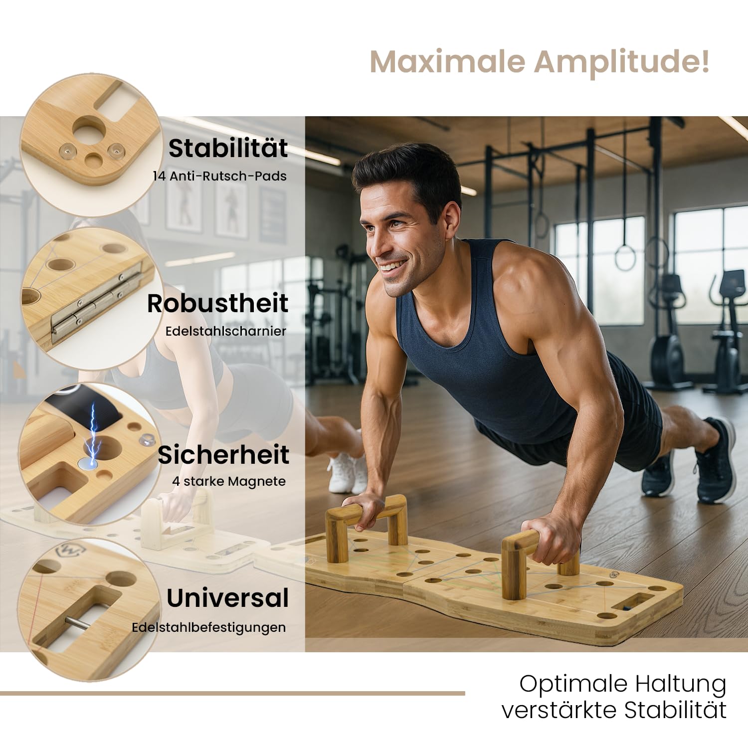 Pro – Liegestützbrett/Push up Board aus Bambus für Home gym – 81 cm Erwachsenengröße – Klappbares Fitnessgerät für Zuhause – inkl. Resistance Bands + 30-in-1 Trainingsguide