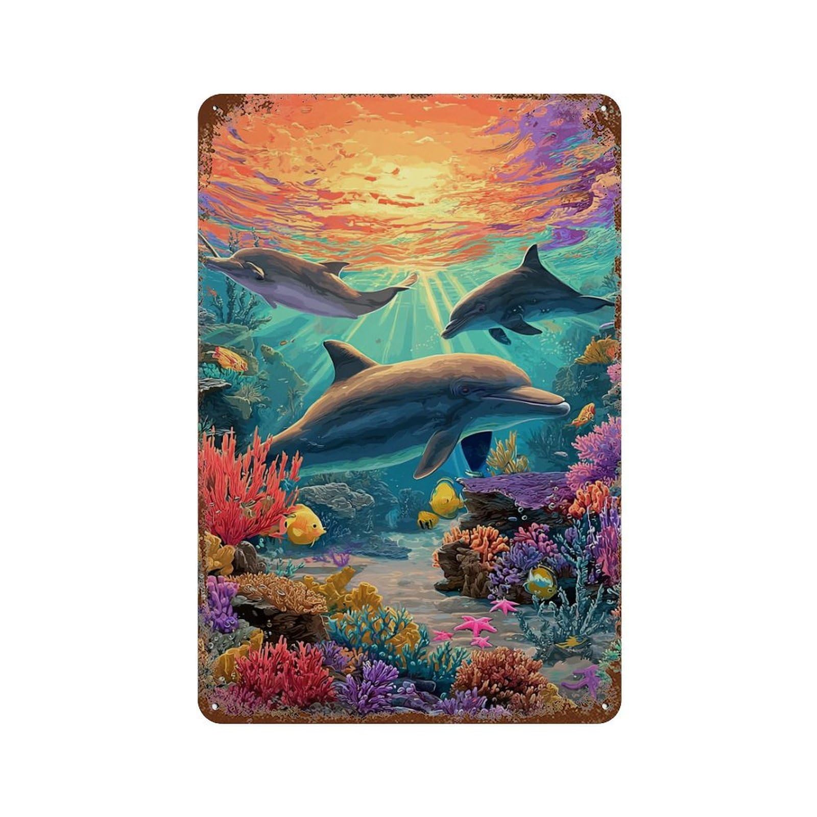 Aged Metal Wall Plaque Ocean Life Dolphins & Coral Reef-2 11.8"x7.9", Classic Wall Plaque for Patio, Garden Room And Bar Decor