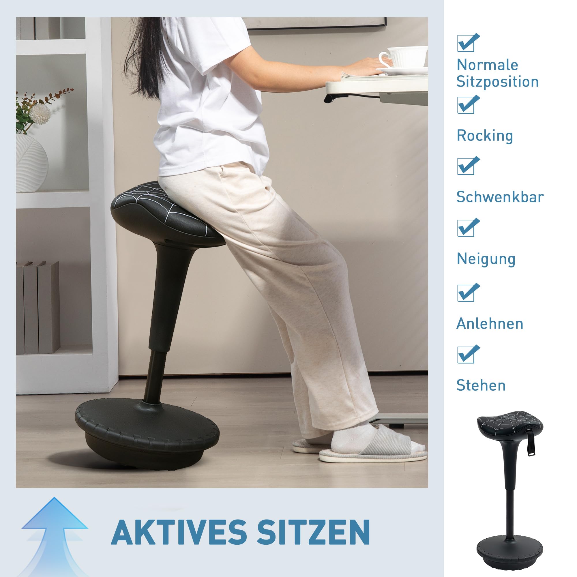 Vinsetto Bürohocker mit Schwenkfunktion, ergonomischer Hocker, höhenverstellbar 65,5-83,5 cm Arbeitshocker Sitzhocker groß Sockel, 120° neigbar Stehhocker, Anti-Rutsch, für Büro Arbeitszimmer, Schwarz