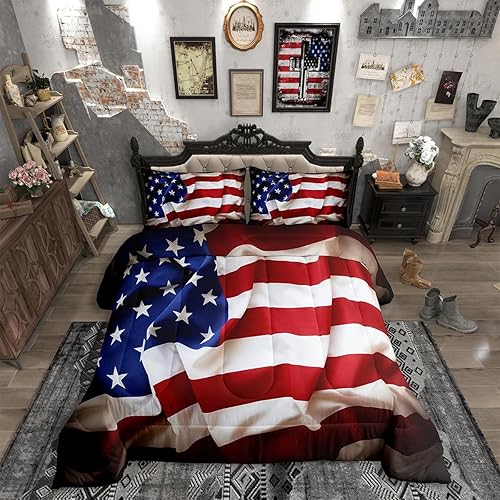 Erosebridal American Flag Comforter Set, United States Down Comforter King Size for Kids Boys Teens, USA Federations Stars Bedding Set Geometric Stripes Quilted Duvet for Bedroom, Blue White and Red