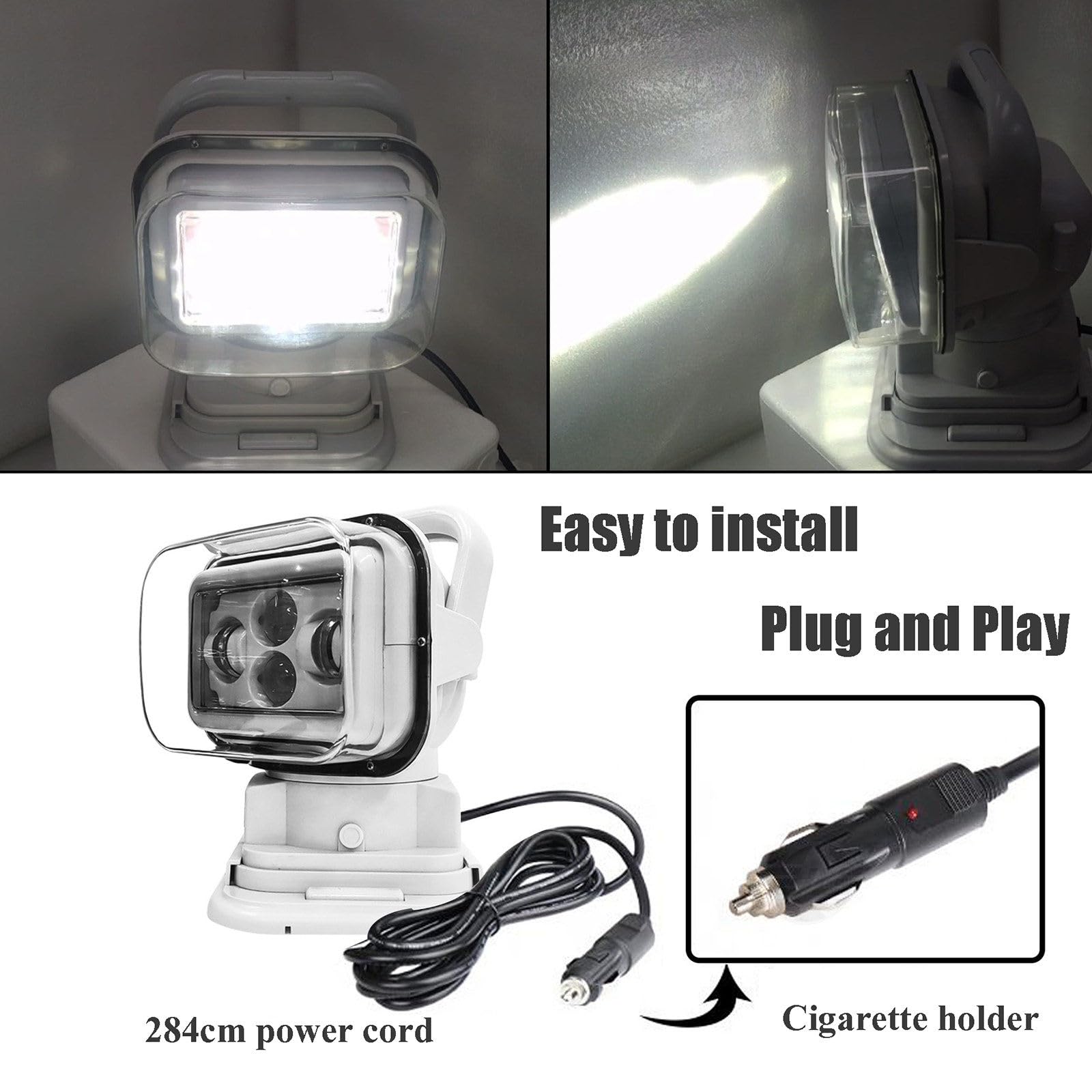 Projecteur LED Haute luminosité/projecteur de Recherche pour Voiture avec télécommande sans Fil, Rotation à 360° 12/24 V, pour véhicules et navires,Black