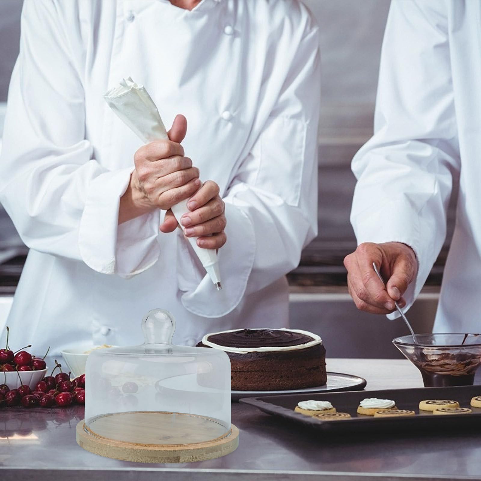 Plateau à Gâteau Tournant en Bois avec Couvercle en Verre Transparent, Plateau Alimentaire Polyvalent et Poignée Arrondie pour Présentation de Desserts