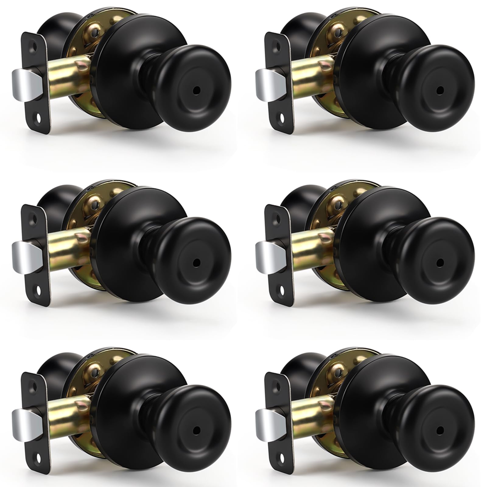 KNOBWELL6 Pack Matte Black Privacy Door Knobs Lock for Bedroom and Bathroom, Keyless Interior Door Knob with Lock, Turn Thumb Locking Interior Door Lockset, Tulip Design Matte Black Door Knob