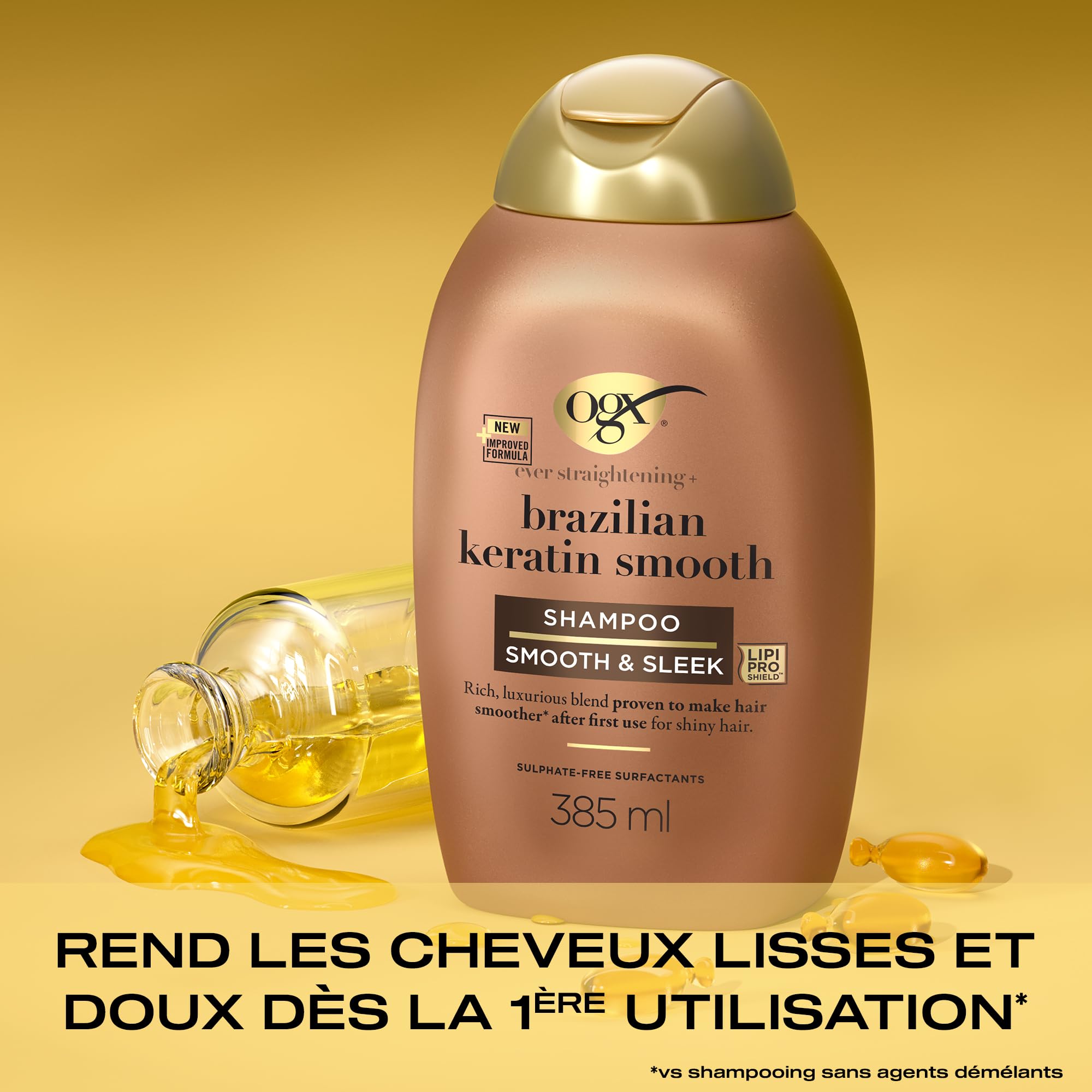 OGX Shampoing Brazilian Keratin Therapy (bouteille de 385 ml) – Shampooing lissant à la kératine Brésilienne – Soin capillaire sans parabène et sans sulfates