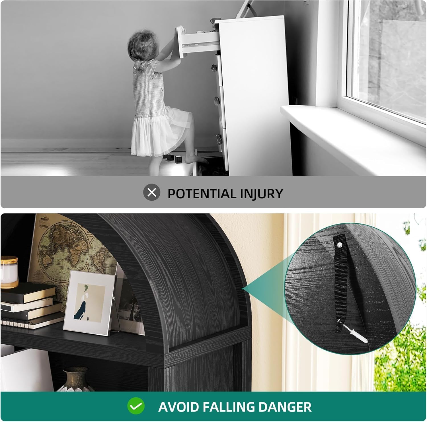 YITAHOME Tall Arched Black Bookshelf with Storage