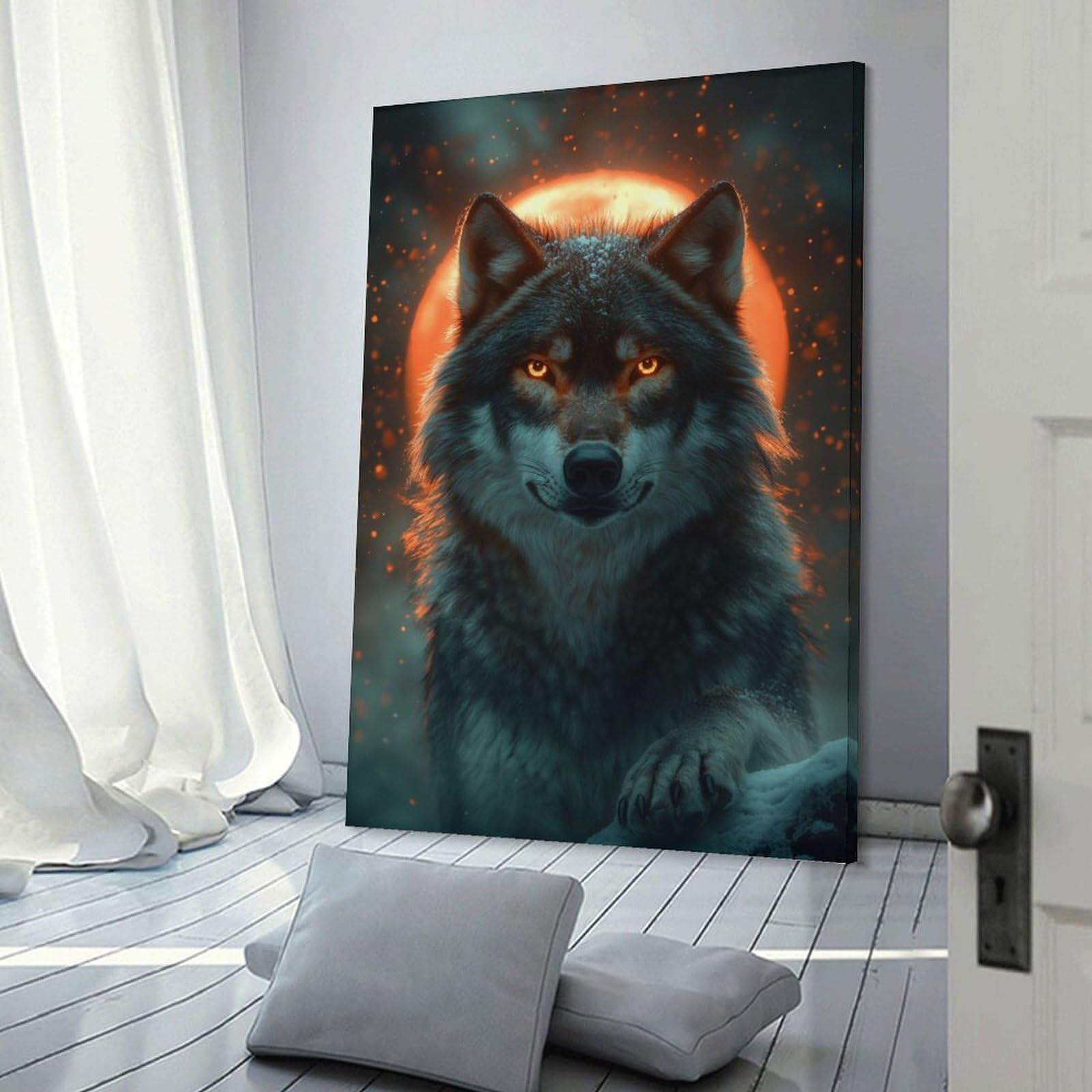 Junmoney Frame-Style-23 Canvas Wall Art Wolf With Glowing Eyes And Moon, 20X30inch(50X75cm), For Living Room, Bedroom, Office Or Hallway, Decorative Artwork With Broad Appeal