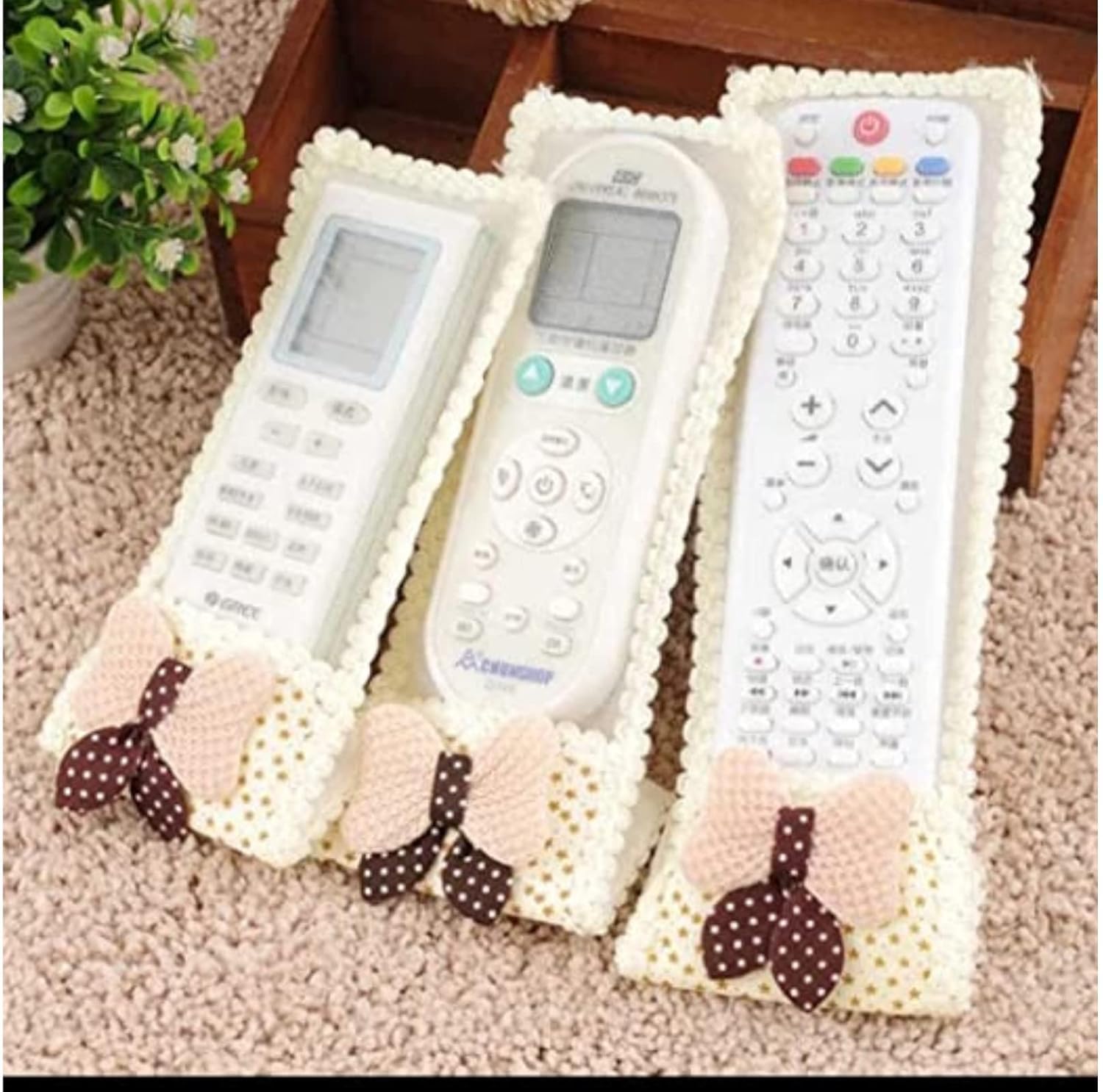 Remote Control Covers Set of 3, Bow Knot Lace Design, Dustproof, Washable, Compatible with TV, AC, DTH Remotes, Blue (Beige)-image-16