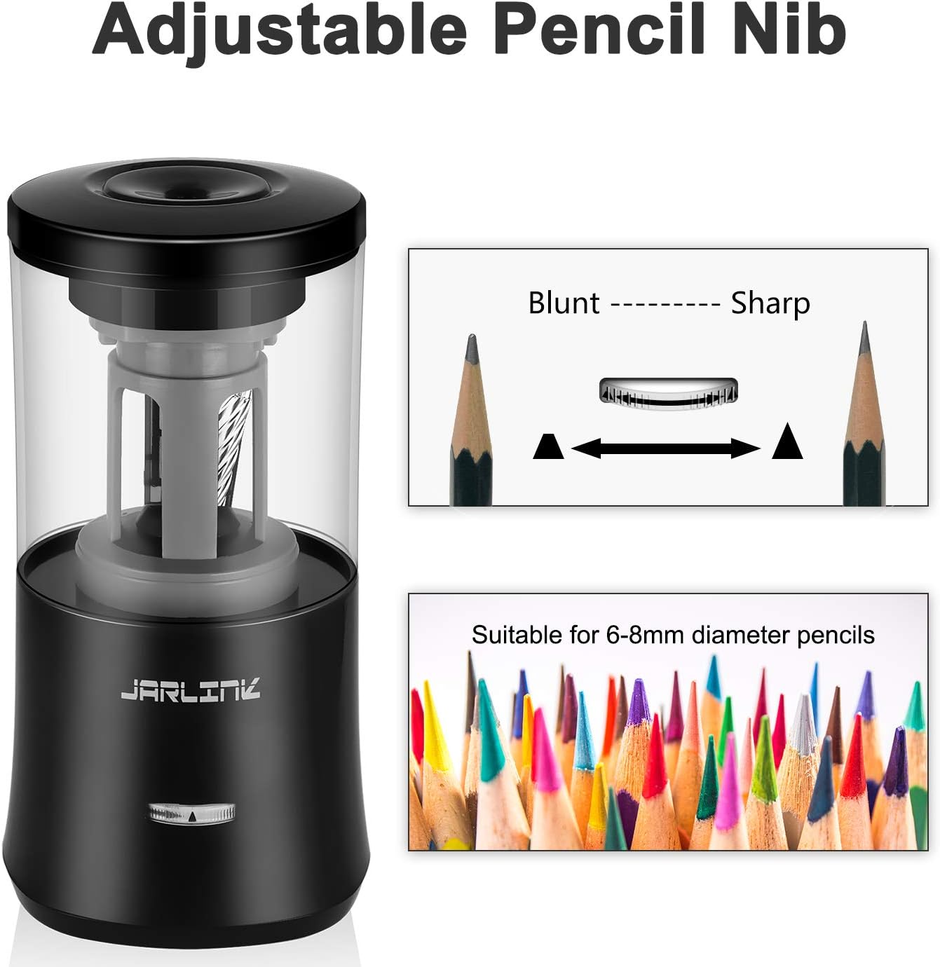 JARLINK Electric Pencil Sharpener, Fully Automated Rechargeable Sharpener Fast Sharpen for No.2/Colored Pencils(6-8mm), Portable in School/Office/Home (USB Cable Include)
