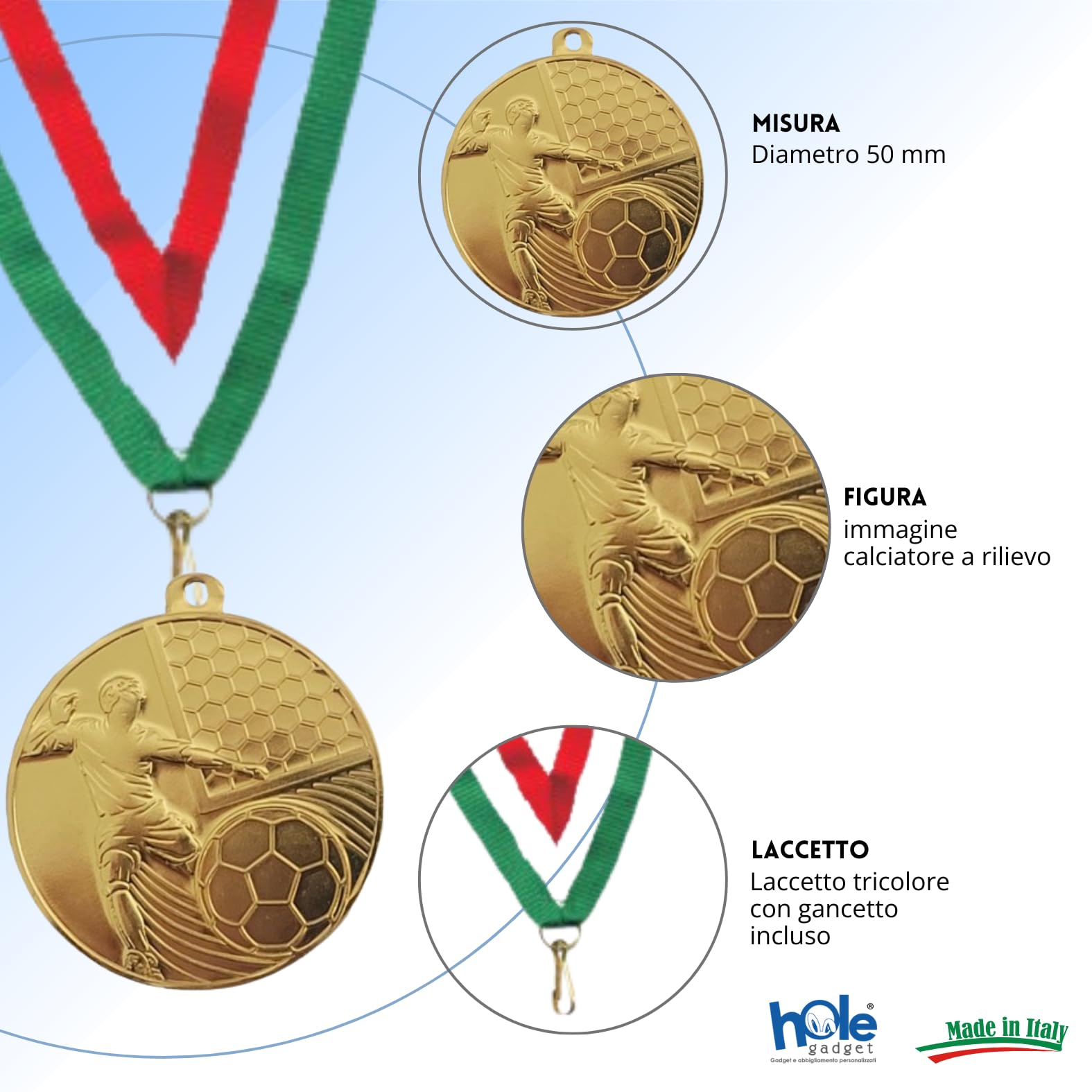 Medaglie Premiazioni Calcio e Calcetto Personalizzate Vittoria Sportive da 5 cm con Laccetto Personalizzabili in Metallo con Stampa Personalizzata, Sport cod. 23.07.50.20G
