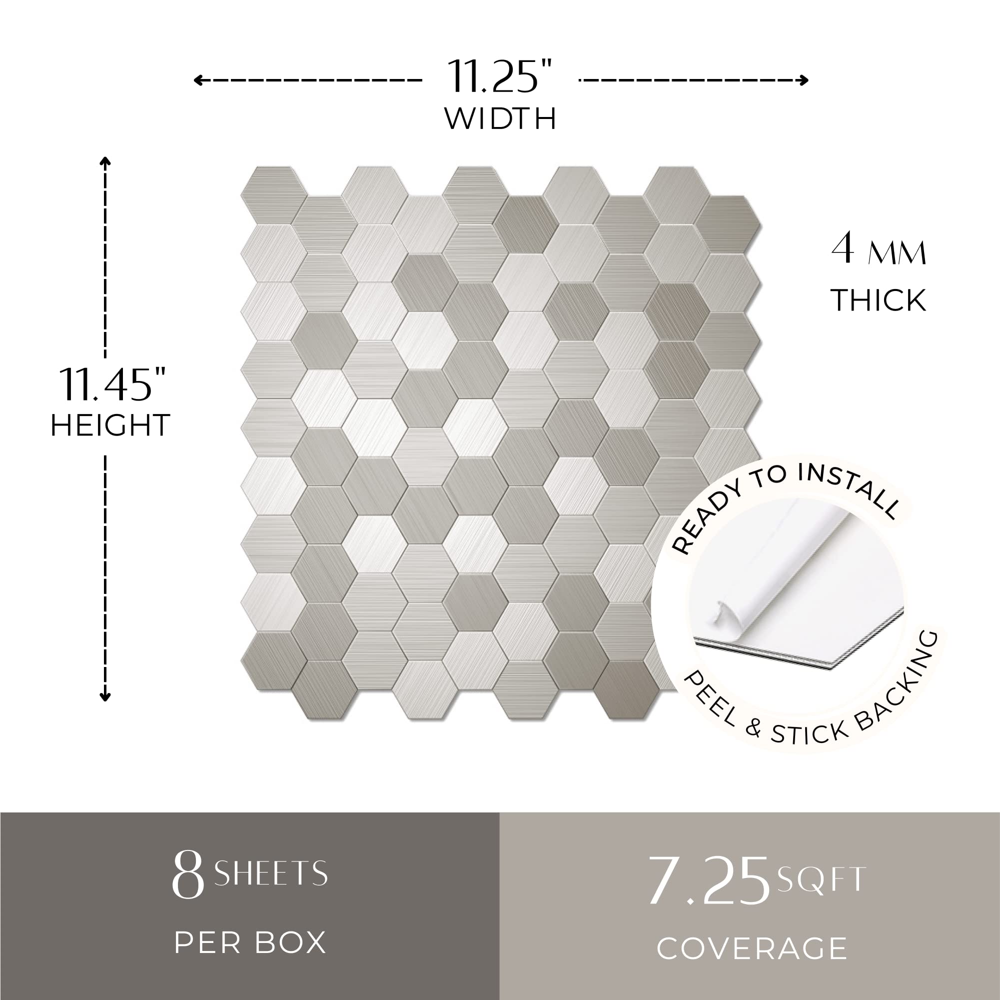 Avant Decor | Box of 8 Hexagonal Aluminum Peel and Stick Kitchen Backsplash Tiles | Silver, Modern, Geometric Design | 12' x 11.25'