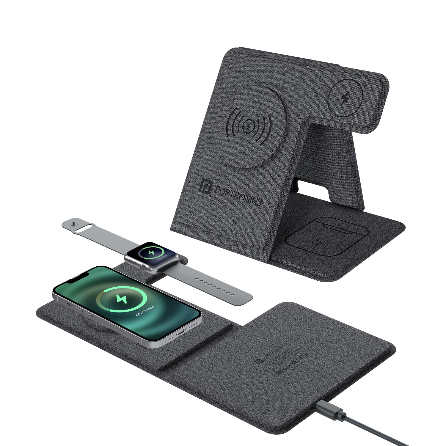 Portronics Freedom Fold 3 15W 3 in 1 Foldable MagSafe Compatible Wireless Charger for iPhone 12 & Above Series, Apple Watches & AirPods with Premium PU Leather, 1M Type C Charging Cable(Black) (B0CYT9S3WN) Amazon Price History, Amazon Price Tracker