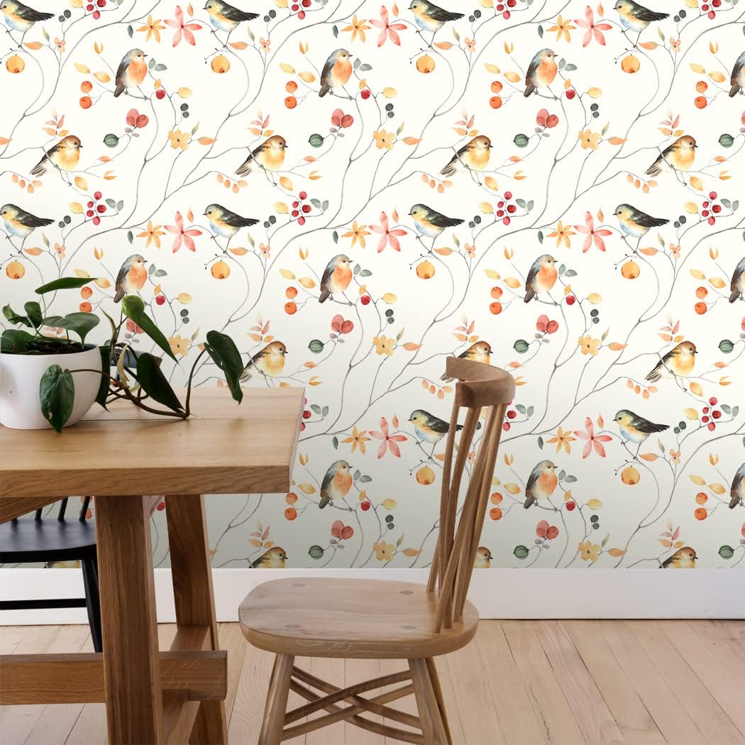 Birds Peel and Stick Wallpaper Removable Vintage Floral Self Adhesive Wall Paper for Shelf Drawer Liner Wall Home Decorations 17.7"x118" (Pack of 2)