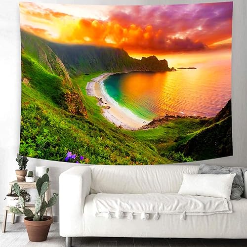 Miniatura 4 de Delur Tapiz de playa, atardecer, bosque, paisaje, naturaleza, tapiz para colgar en la pared, tapiz escénico de árbol de montaña, tapiz psicodélico