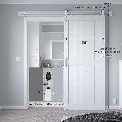 Miniatura 126 de Puerta corrediza de granero MDF de 48 x 80 pulgadas con kit de herrajes para puerta de granero de 8 pies y asa, agujeros preperforados, fácil Blanco