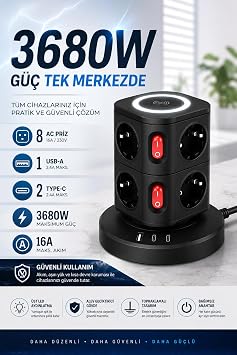 3680W Kule Priz Akım Korumalı 16A 230V, 8 Topraklamalı AC Priz, 1 USB-A ve 2 Type-C Çıkış, Bağımsız Aç/Kapat Anahtarlı, Üst LED Aydınlatmalı Dikey Masaüstü Çoklu Priz PS-9