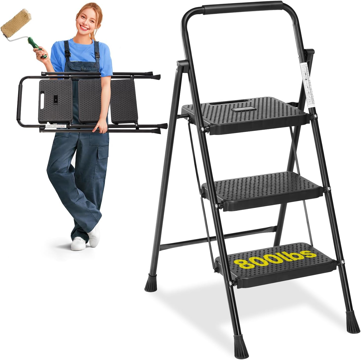 Simple Deluxe Step Stool Foldable, 3 Step Ladder Portable Ladder with Wide Anti-Slip Pedal, Step Stool for, Lightweight Step Ladder for Home Kitchen and Outdoor, Dark Brown