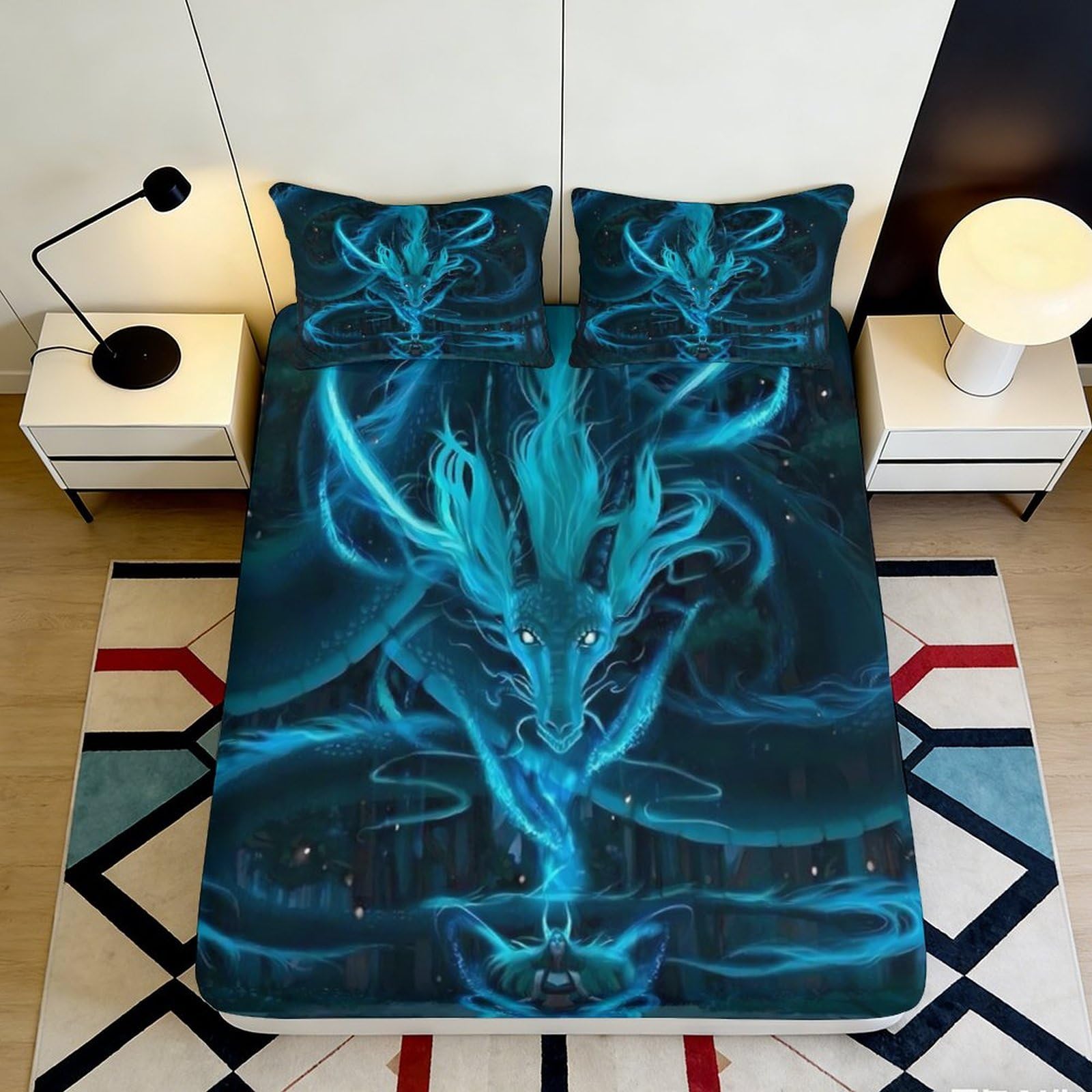 3D Printed Blue Dragon Fitted Sheet Microfiber Non-Slip Mystic Fantasy Spirit Mattress Cover for Bedroom Dorm Room Decor 90x200x25cm