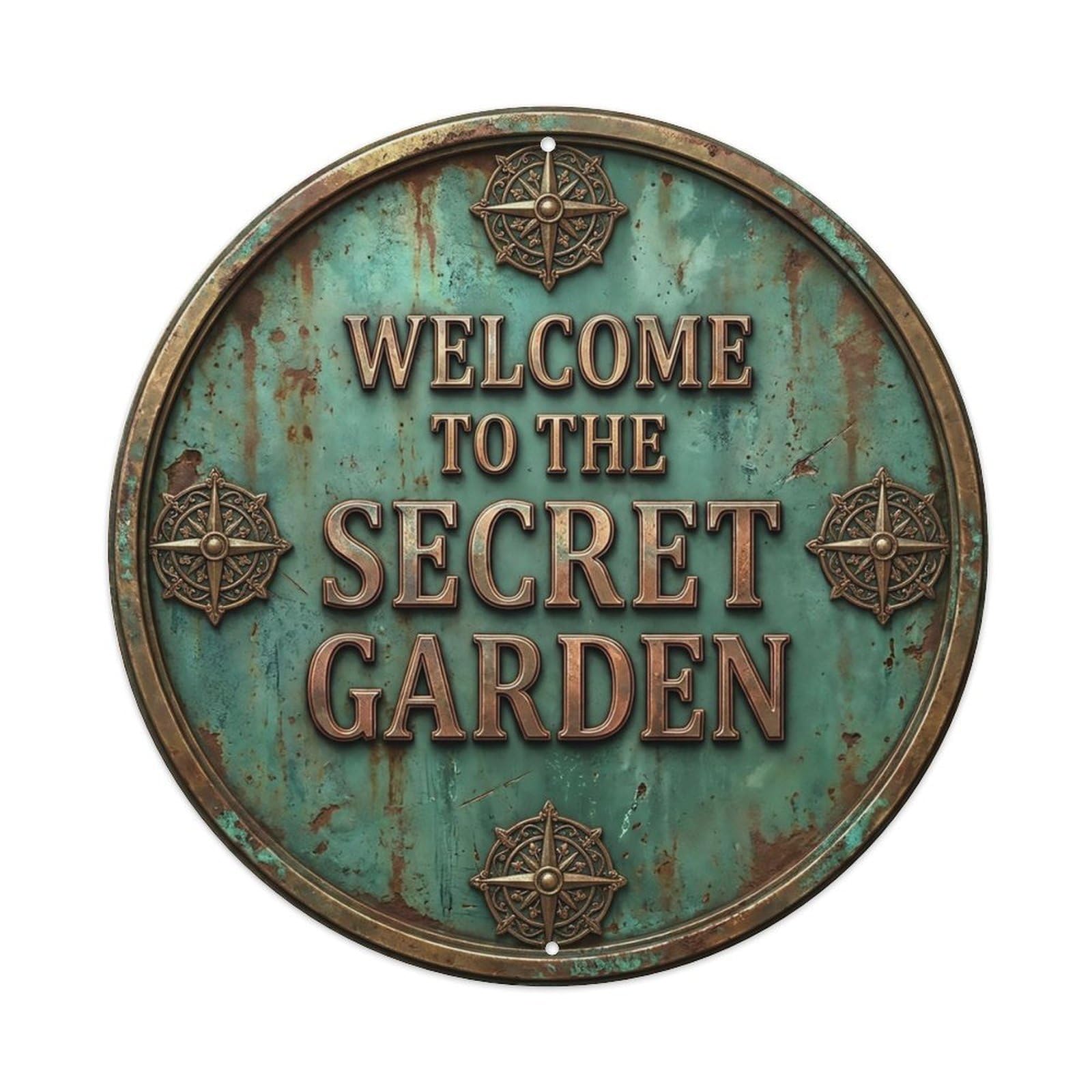 Vintage Welcome Secret Garden Geared Compass Metal Tin Sign